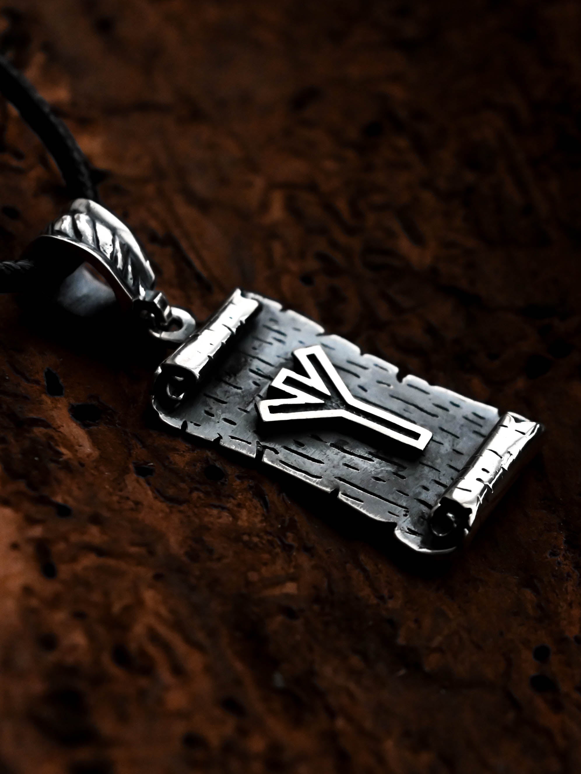 Algiz Rune Amulet on a Scroll, Sterling Silver 925 — Viking & Norse Symbol Pendant