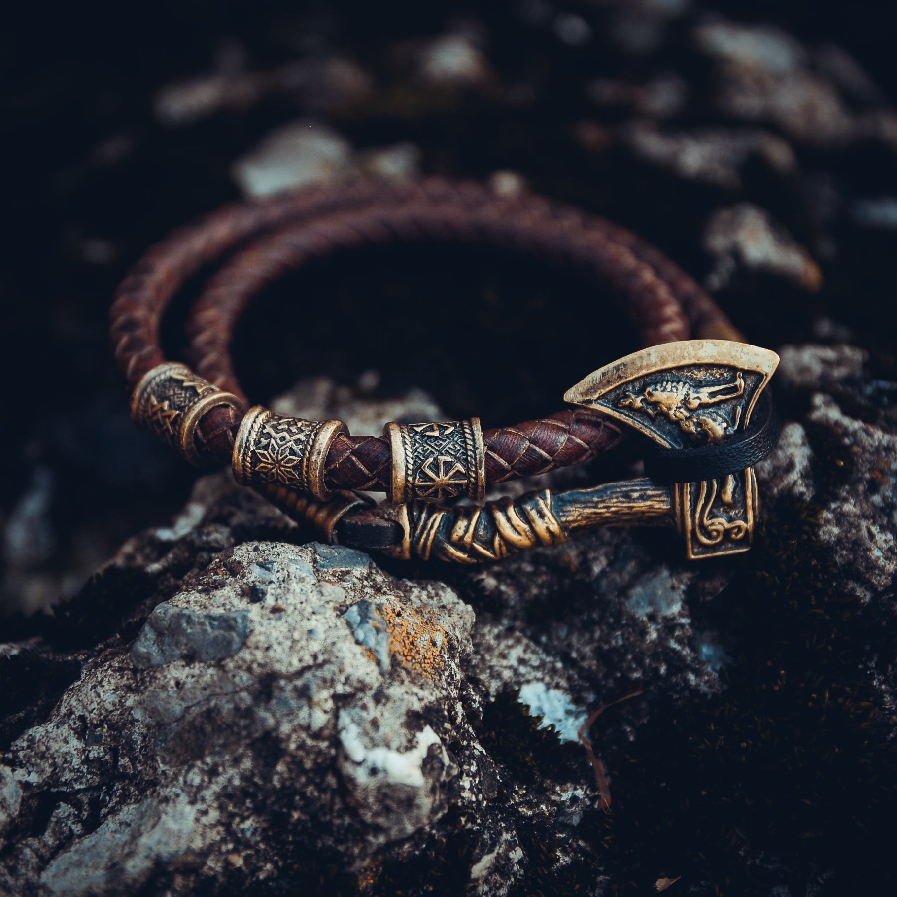 Axe with Falcon and Wolf Bracelet, Natural Leather and Bronze