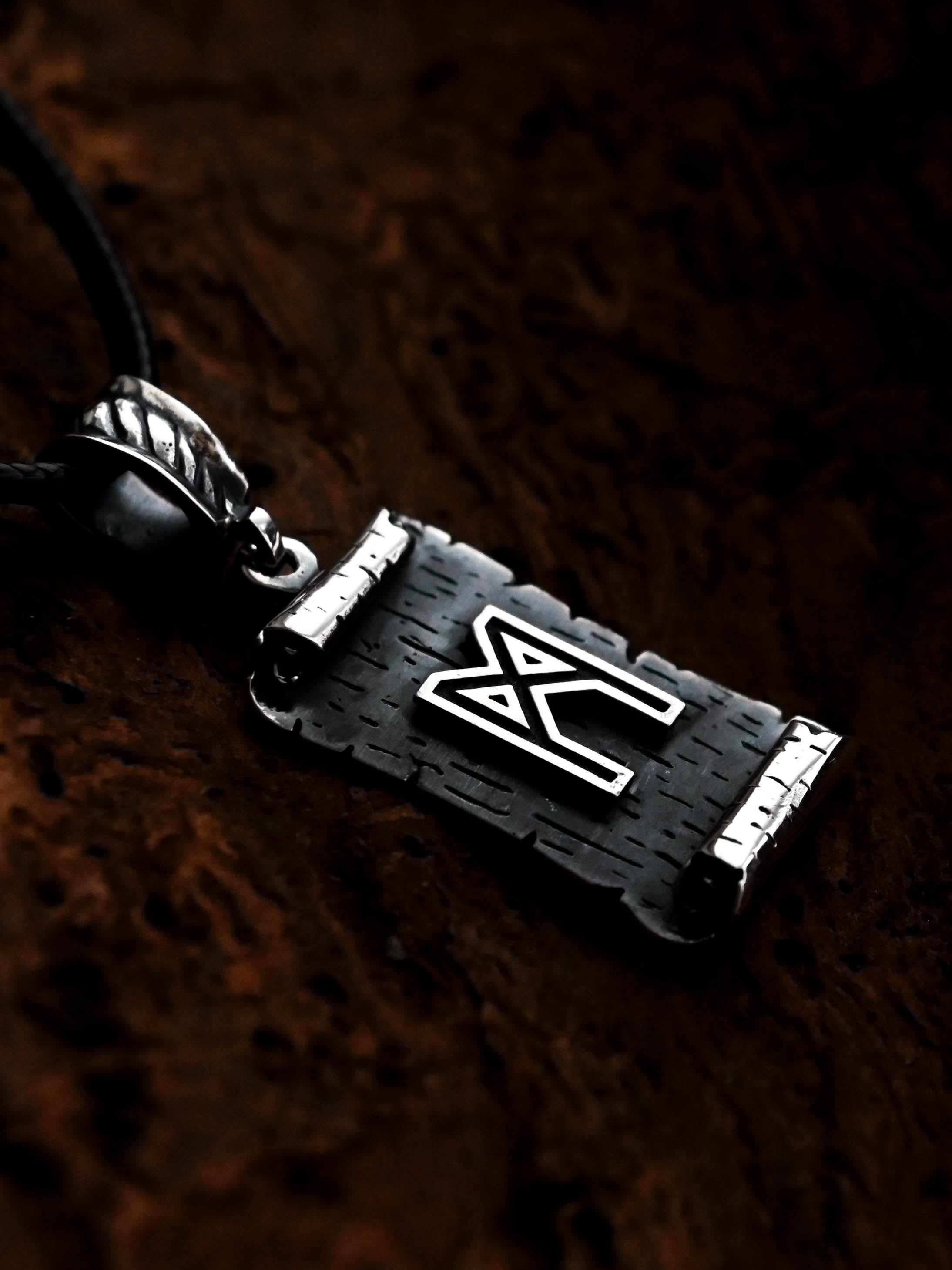 Mannaz Rune Amulet on a Scroll, Sterling Silver 925 — Viking & Norse Symbol Pendant