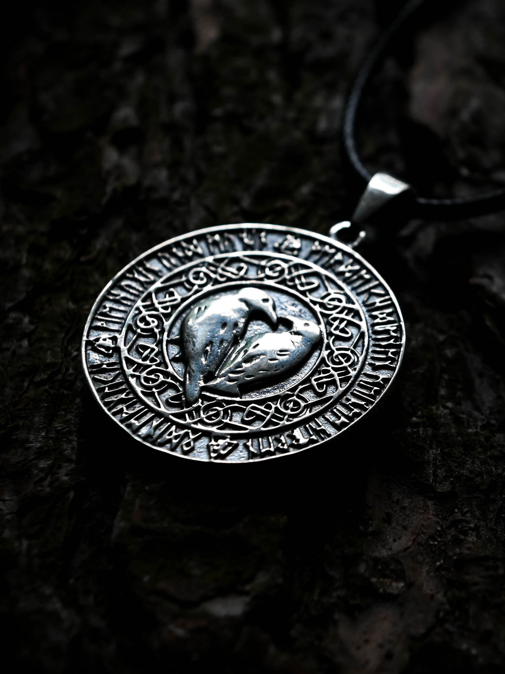 Ravens Amulet in Futhark, Sterling Silver 925 — Viking & Norse Symbol Pendant