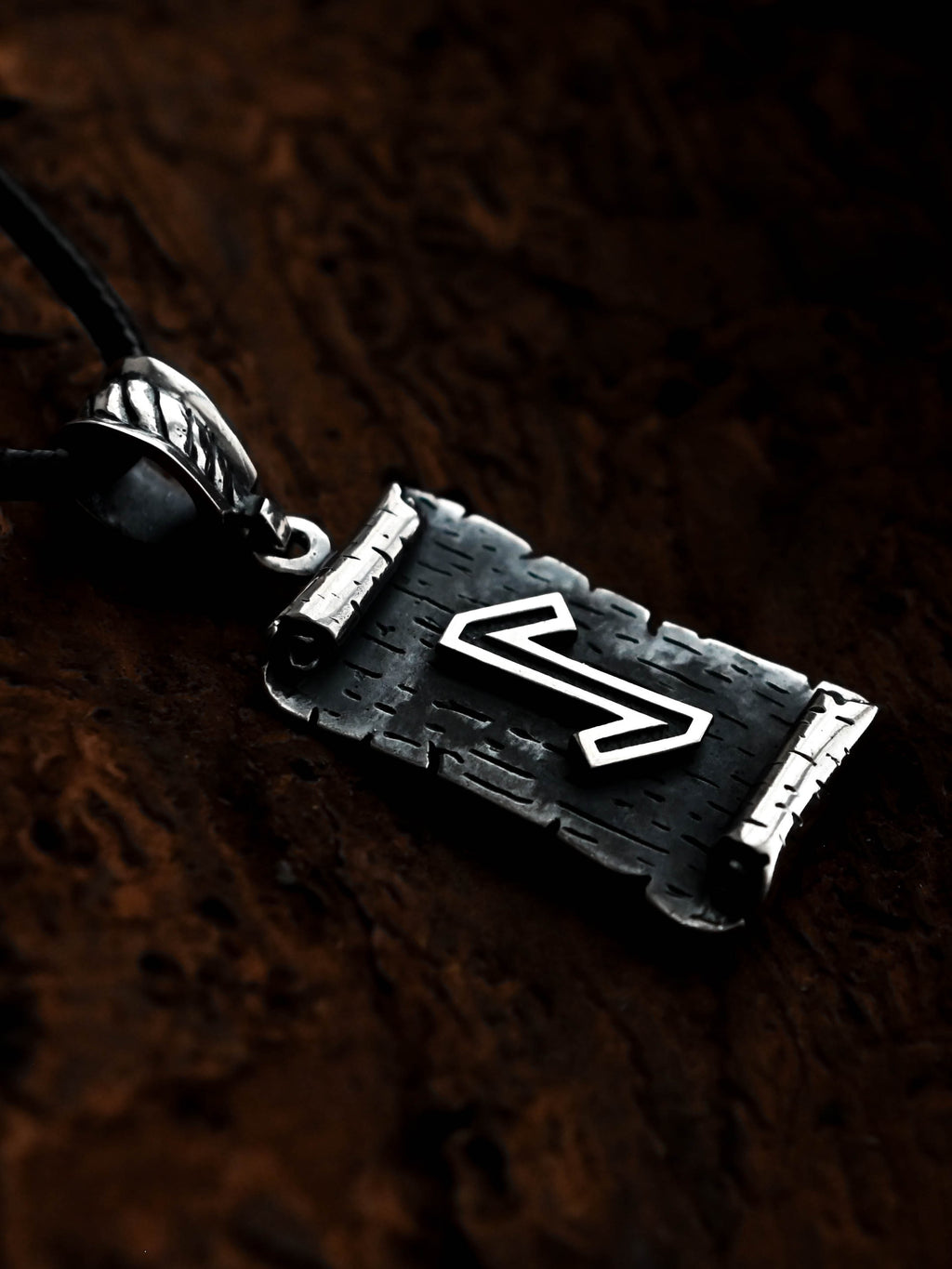 Eihwaz Rune Amulet on a Scroll, Sterling Silver 925 — Viking & Norse Symbol Pendant