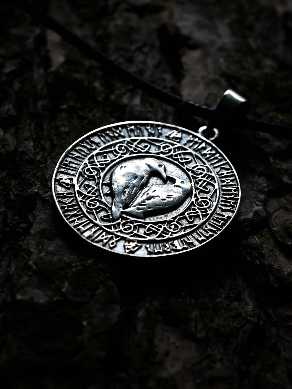 Ravens Amulet in Futhark, Sterling Silver 925 — Viking & Norse Symbol Pendant