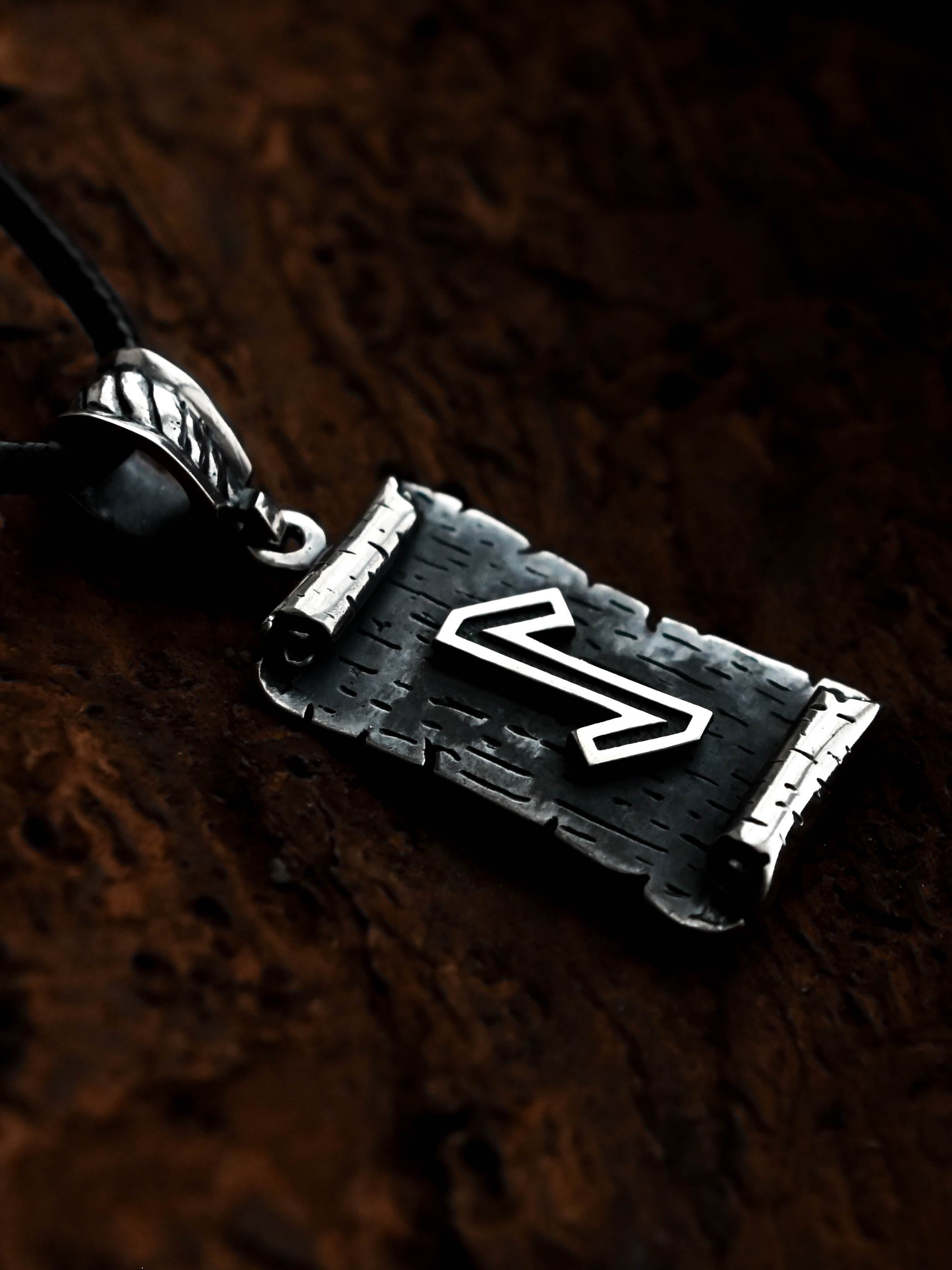 Eihwaz Rune Amulet on a Scroll, Sterling Silver 925 — Viking & Norse Symbol Pendant