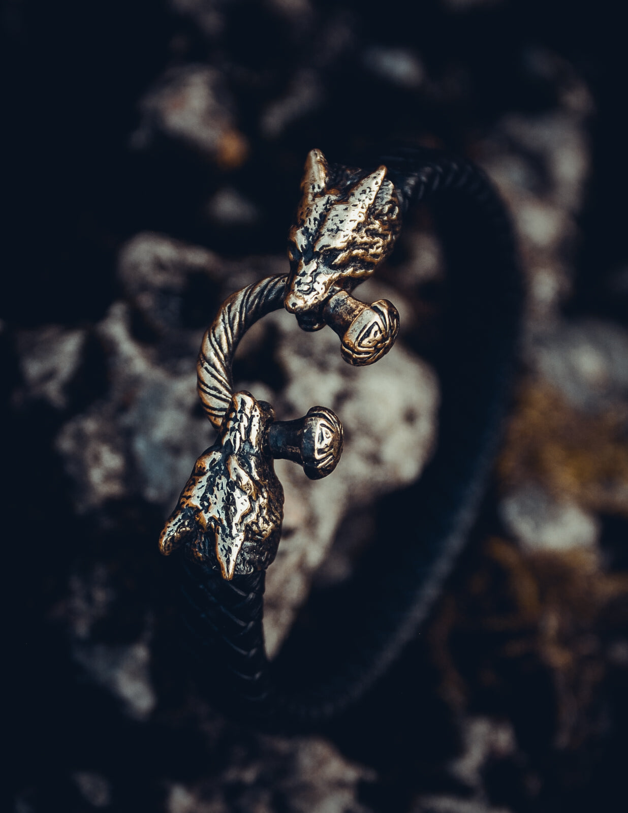 Two Wolves Bracelet, Natural Leather and Bronze