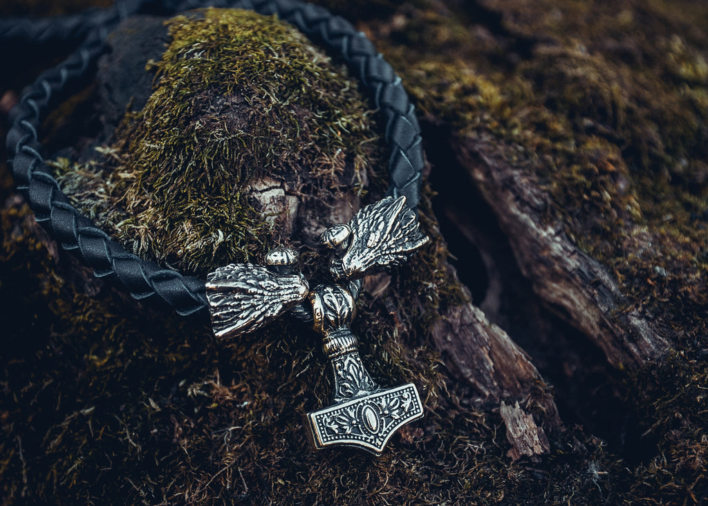 Two Dragons with Hammer Pendant, Natural Leather and Bronze — Viking Symbol