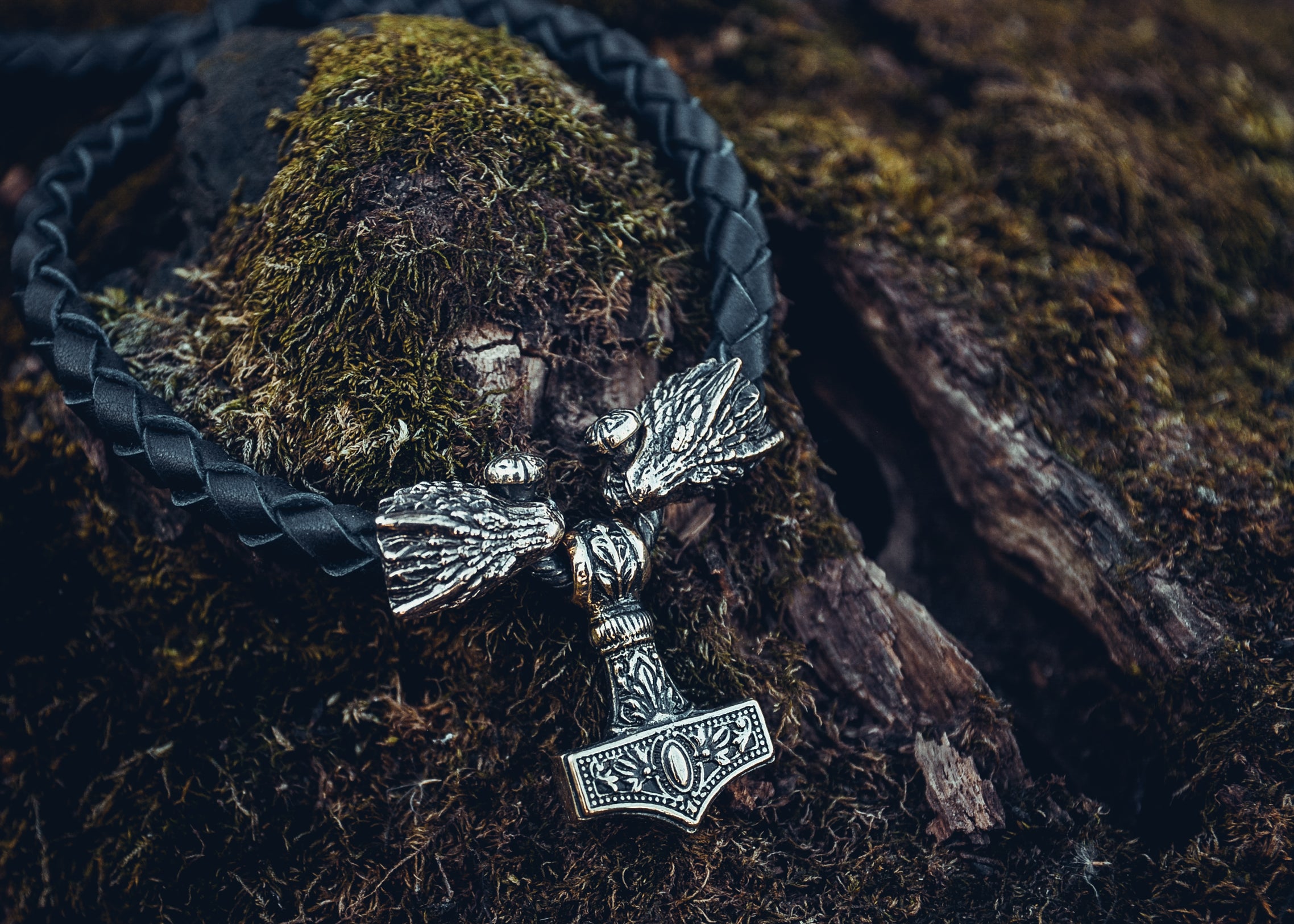 Two Dragons with Hammer Pendant, Natural Leather and Bronze — Viking Symbol
