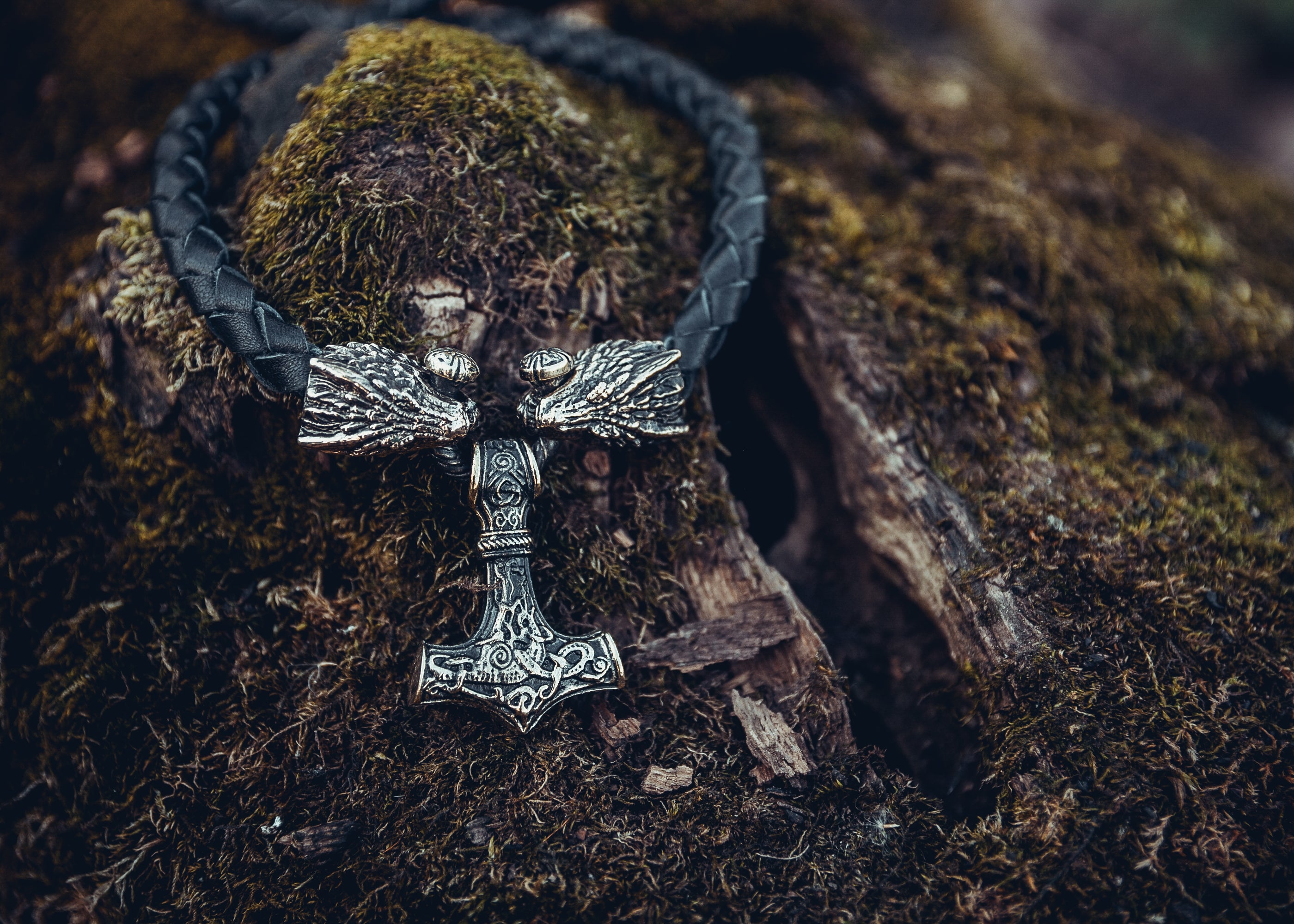 Two Dragons with Mjolnir Pendant, Natural Leather and Bronze — Viking Symbol