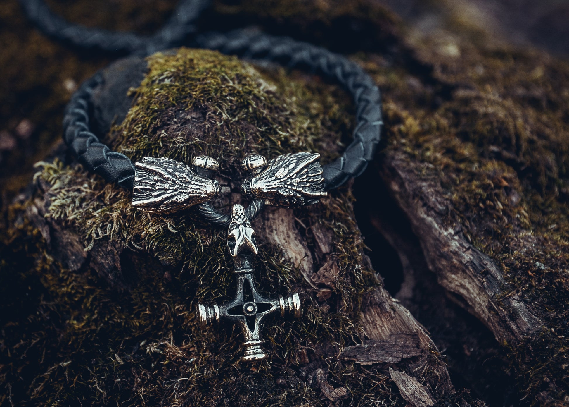 Two Dragons with Wolf Cross Pendant, Natural Leather and Bronze — Viking Symbol