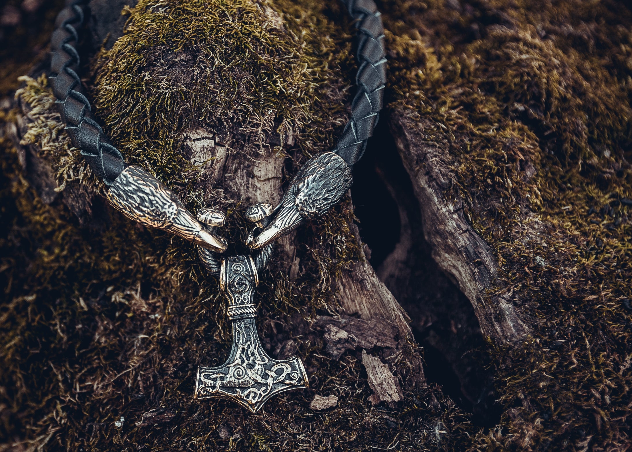 Two Ravens with Mjolnir Pendant, Natural Leather and Bronze — Viking Symbol