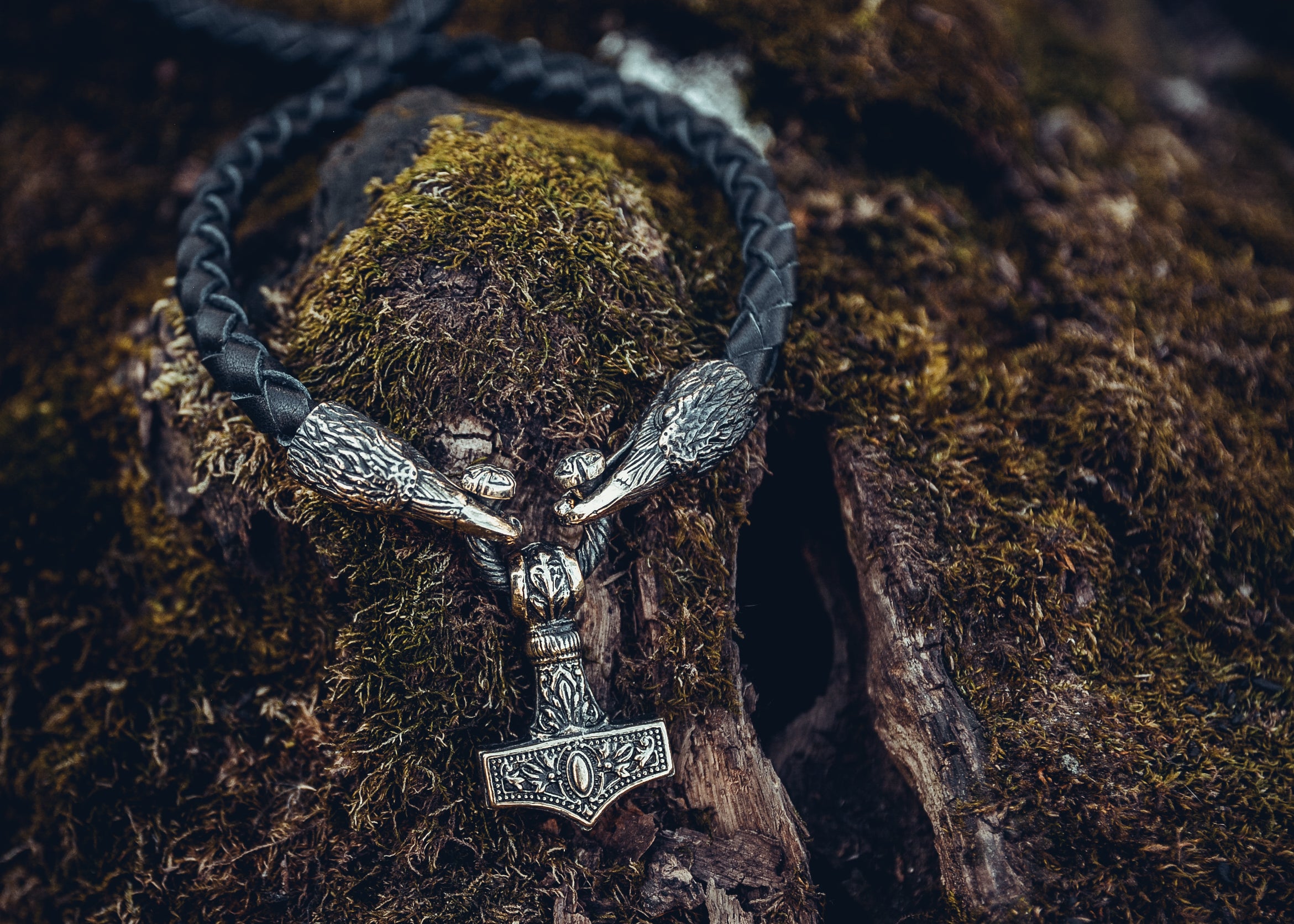 Two Ravens with Hammer Pendant, Natural Leather and Bronze — Viking Symbol
