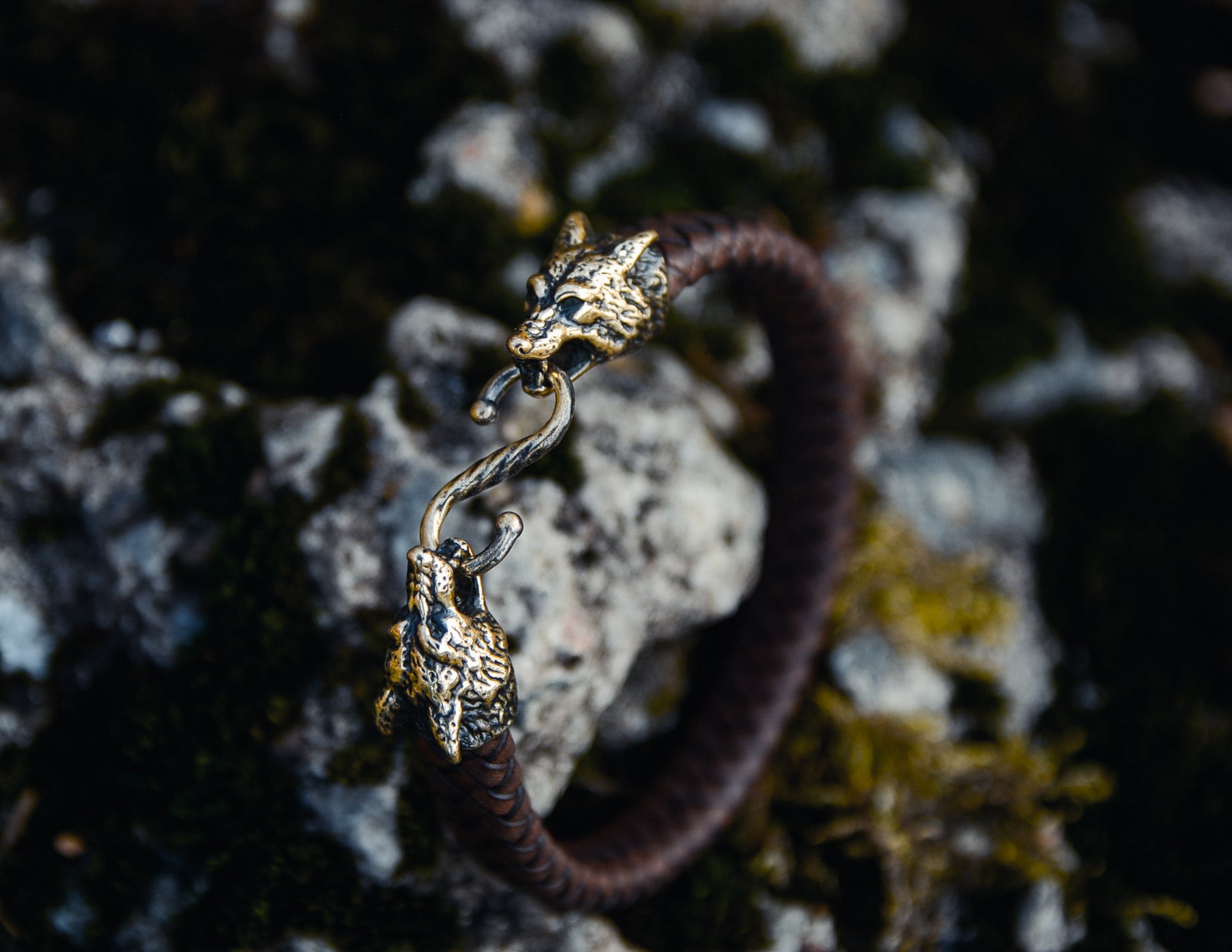 Wolves of Odin Bracelet, Natural Leather and Bronze