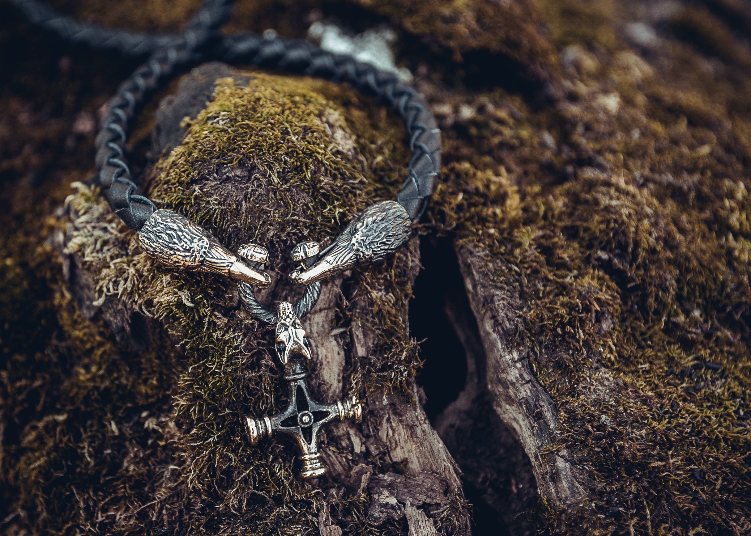 Two Ravens with Wolf Cross Pendant, Natural Leather and Bronze — Viking Symbol