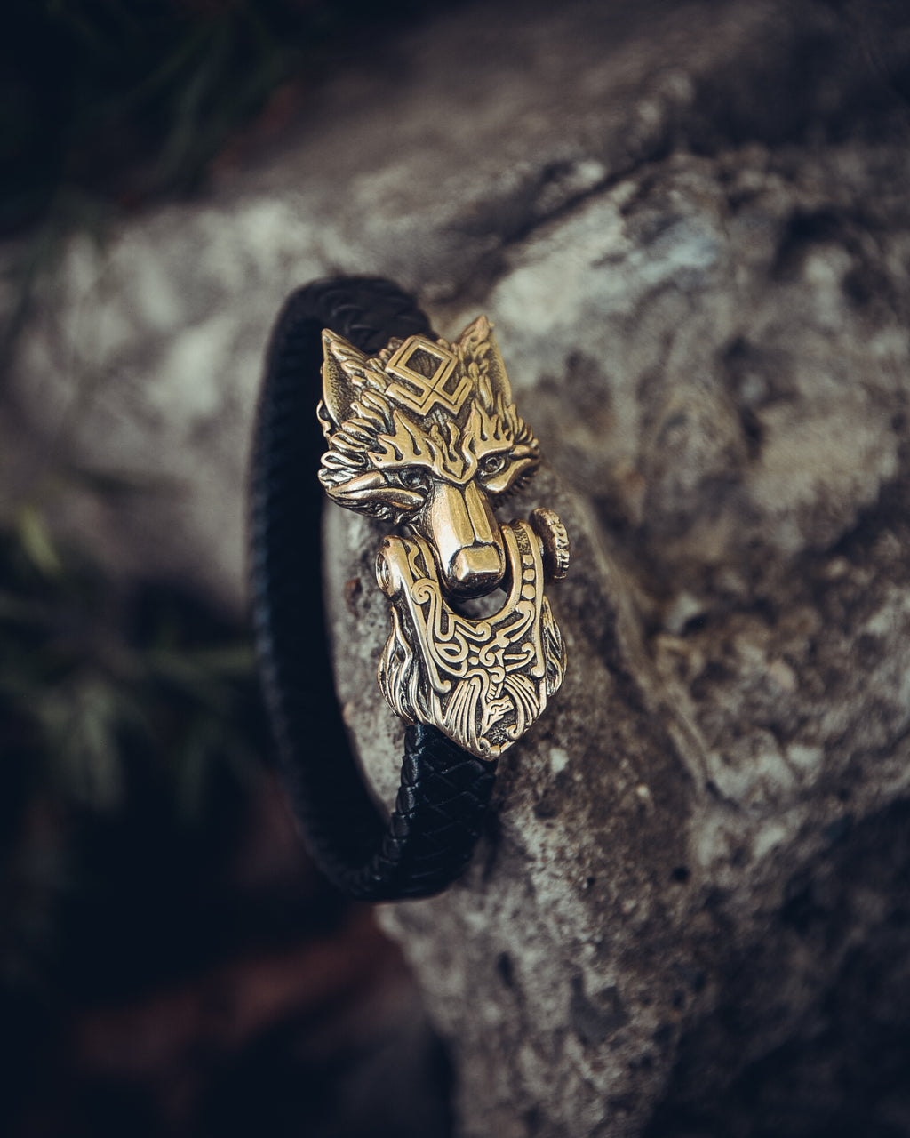 Wolf with Odal Rune Bracelet, Natural Leather and Bronze