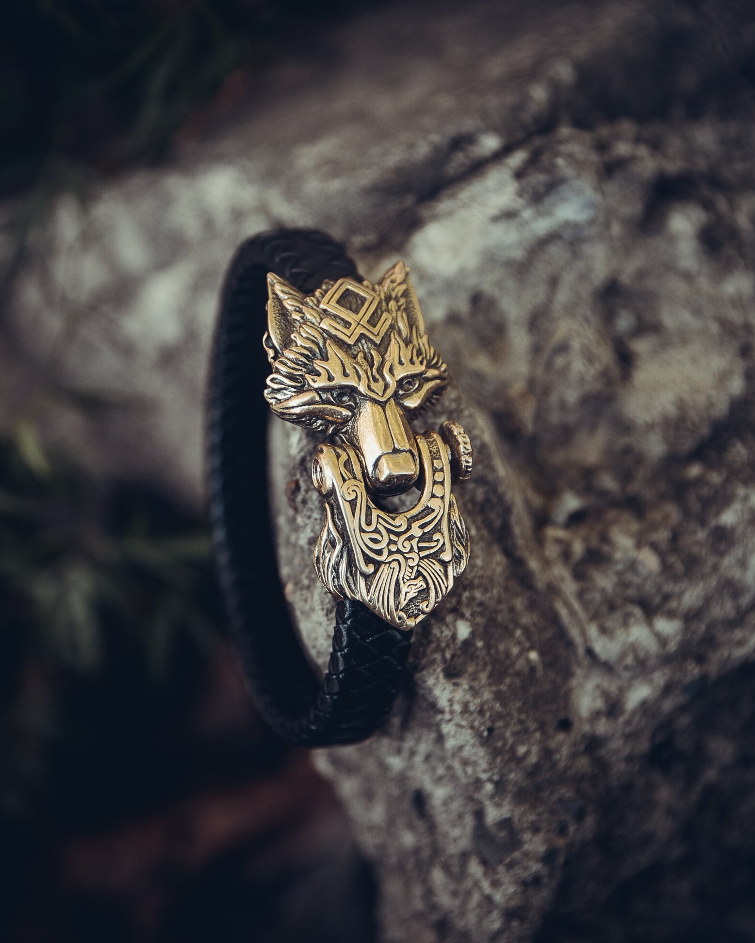 Wolf with Odal Rune Bracelet, Natural Leather and Bronze