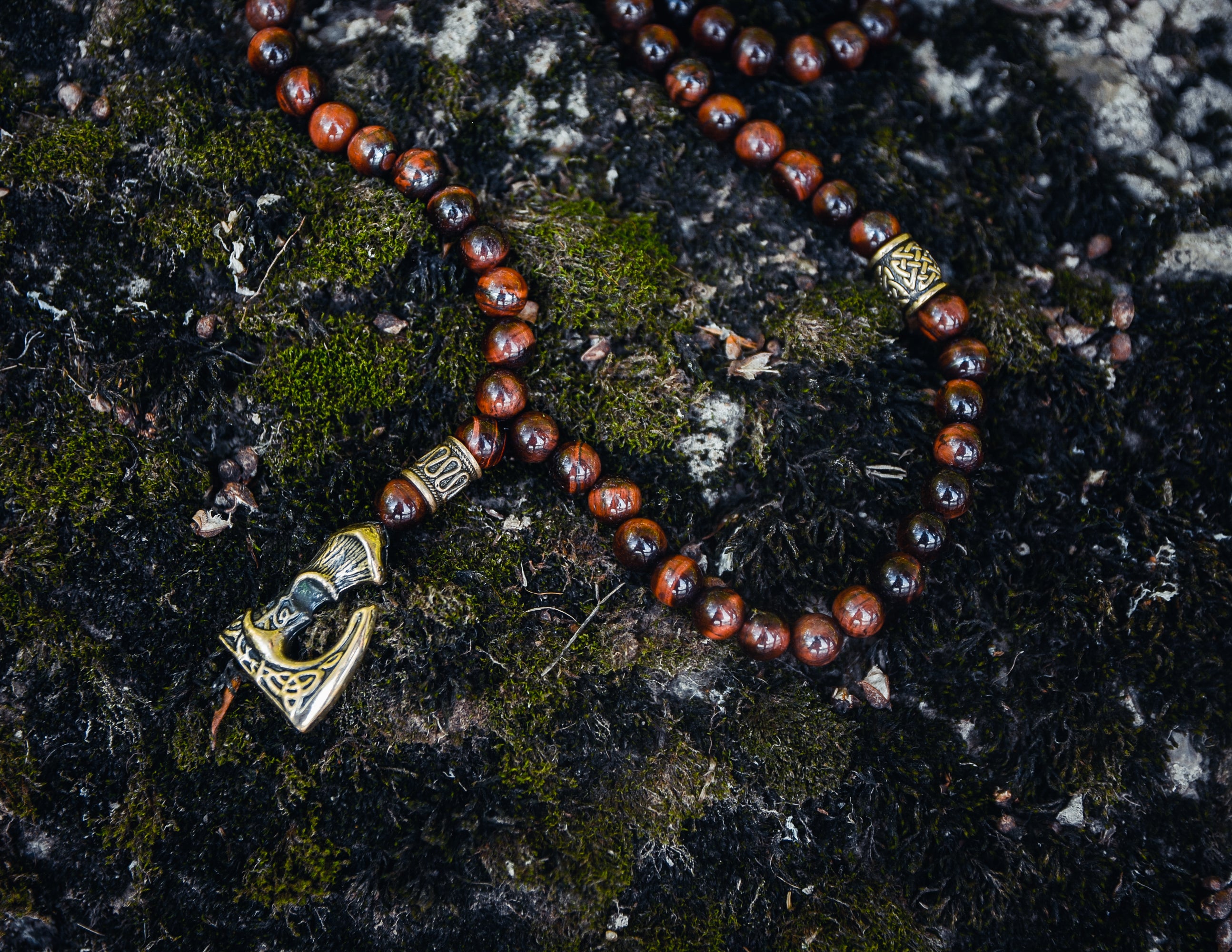 Viking Axe with Ox Eye Stone and Scandinavian Beads Pendant, Bronze and Natural Stone — Viking Symbol