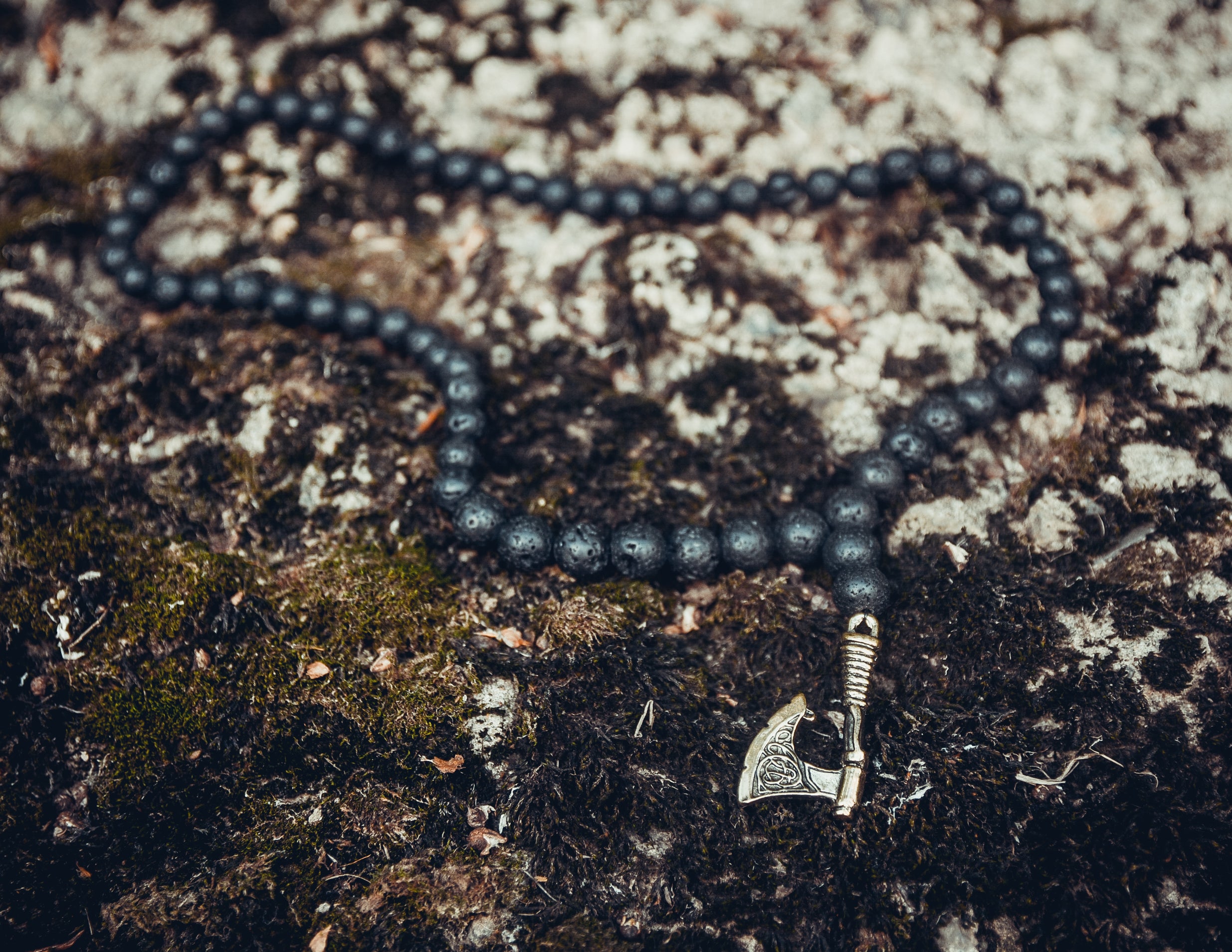 Viking Axe with Lava Stone Pendant, Bronze and Natural Stone — Viking Symbol