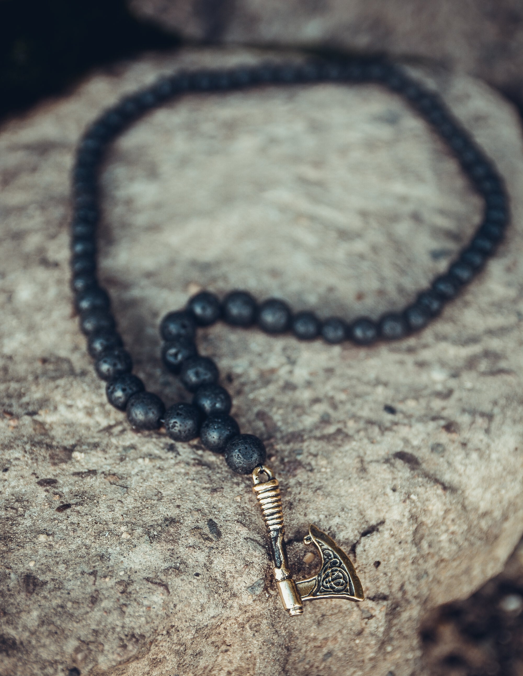 Viking Axe with Lava Stone Pendant, Bronze and Natural Stone — Viking Symbol