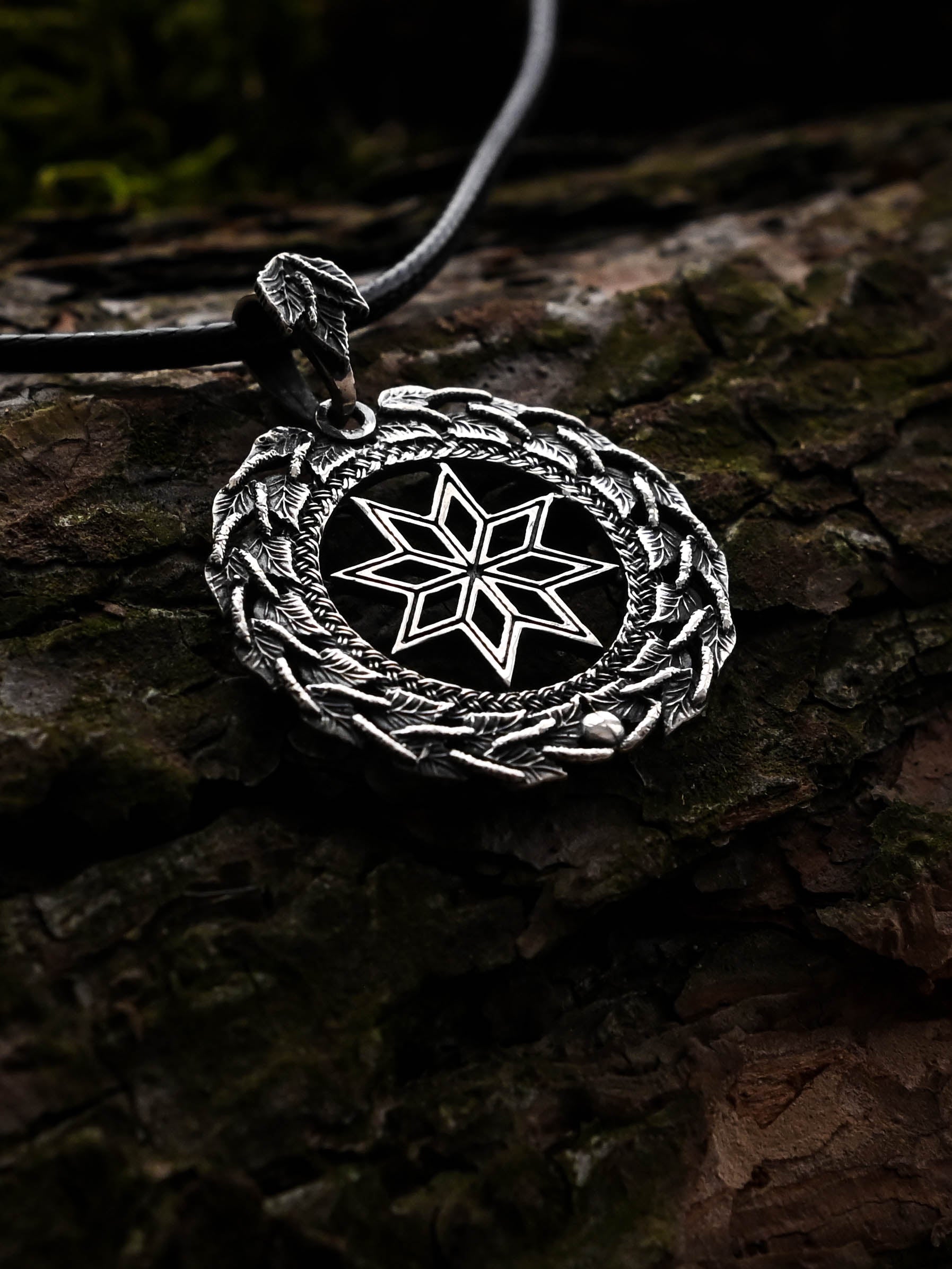 Alatyr Amulet in Birch Wreath, Sterling Silver 925 — Slavic, Viking & Norse Symbol Pendant