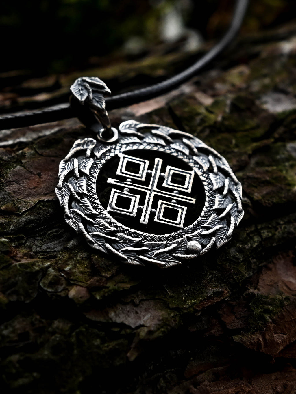 Makosh (Mokosh) Amulet in Birch Wreath, Sterling Silver 925 — Slavic, Viking & Norse Symbol Pendant