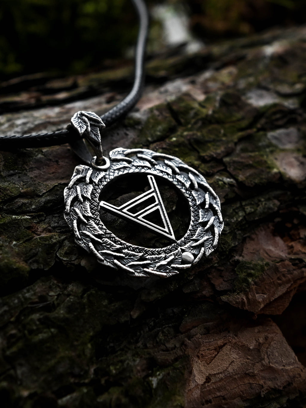 Symbol of Veles Amulet in Birch Wreath, Sterling Silver 925 — Slavic, Viking & Norse Symbol Pendant