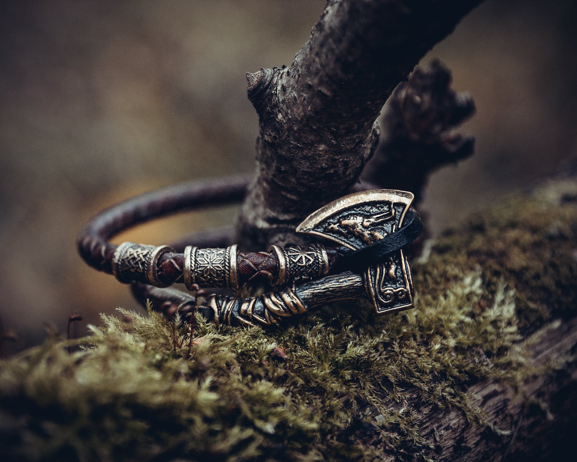 Axe with Falcon and Wolf Bracelet, Natural Leather and Bronze