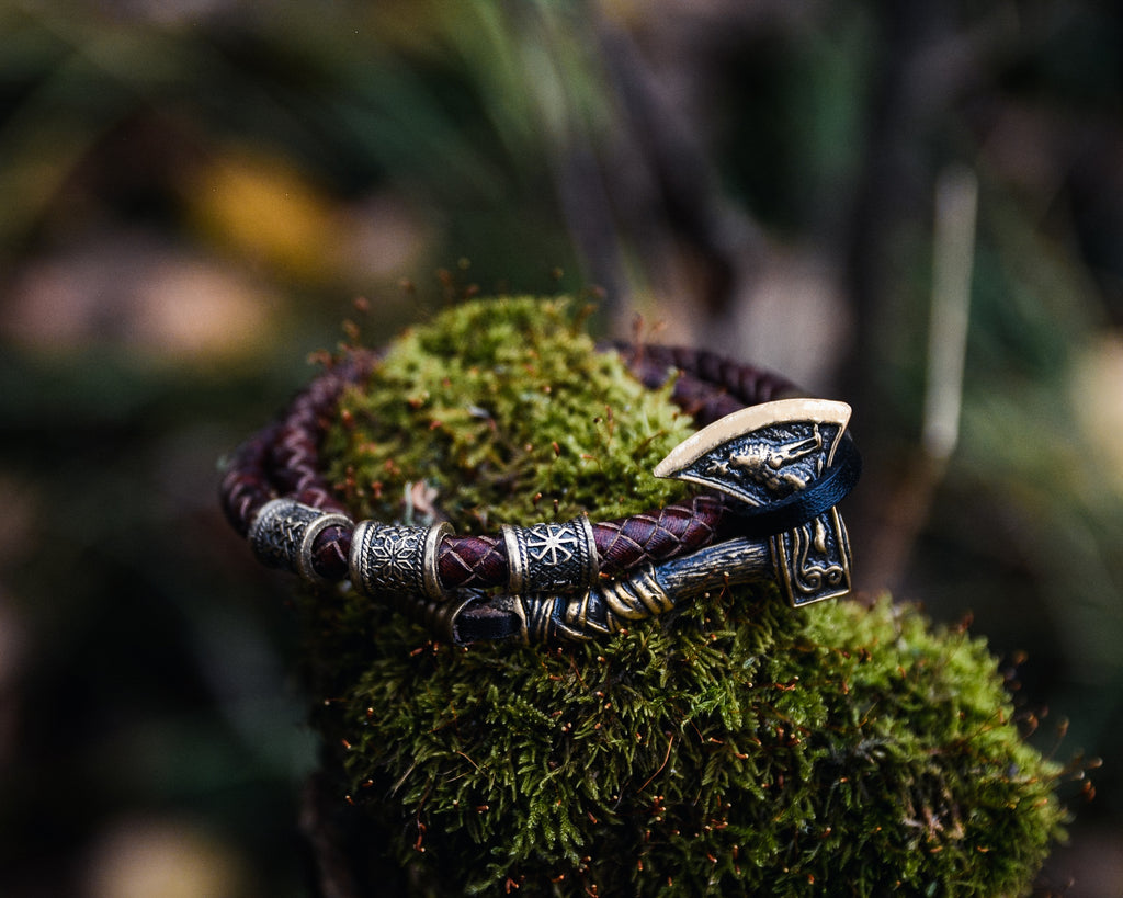 Axe with Falcon and Wolf Bracelet, Natural Leather and Bronze