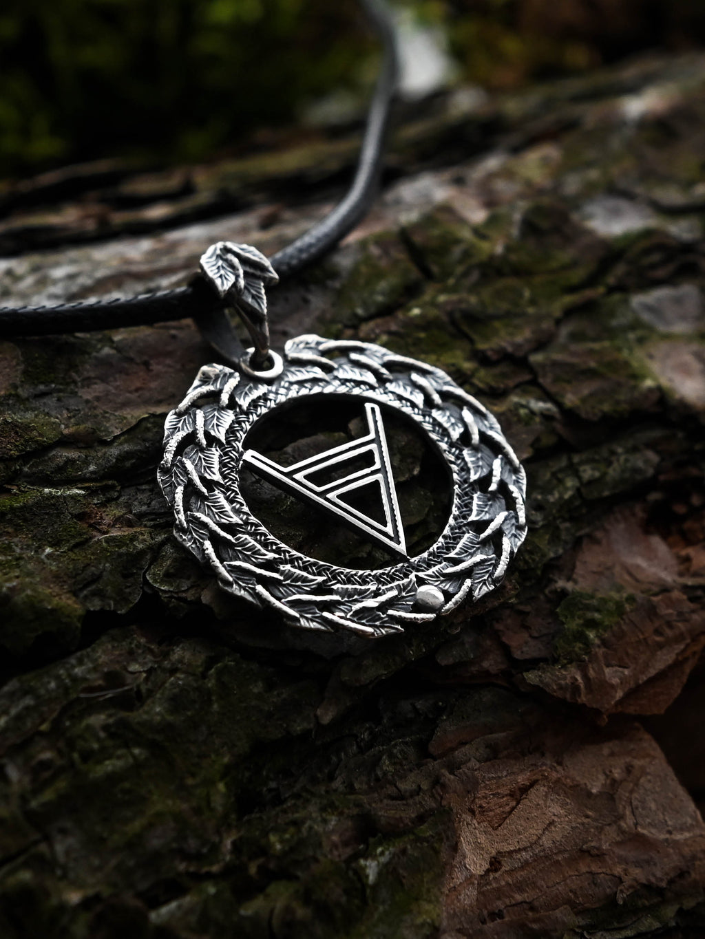Symbol of Veles Amulet in Birch Wreath, Sterling Silver 925 — Slavic, Viking & Norse Symbol Pendant