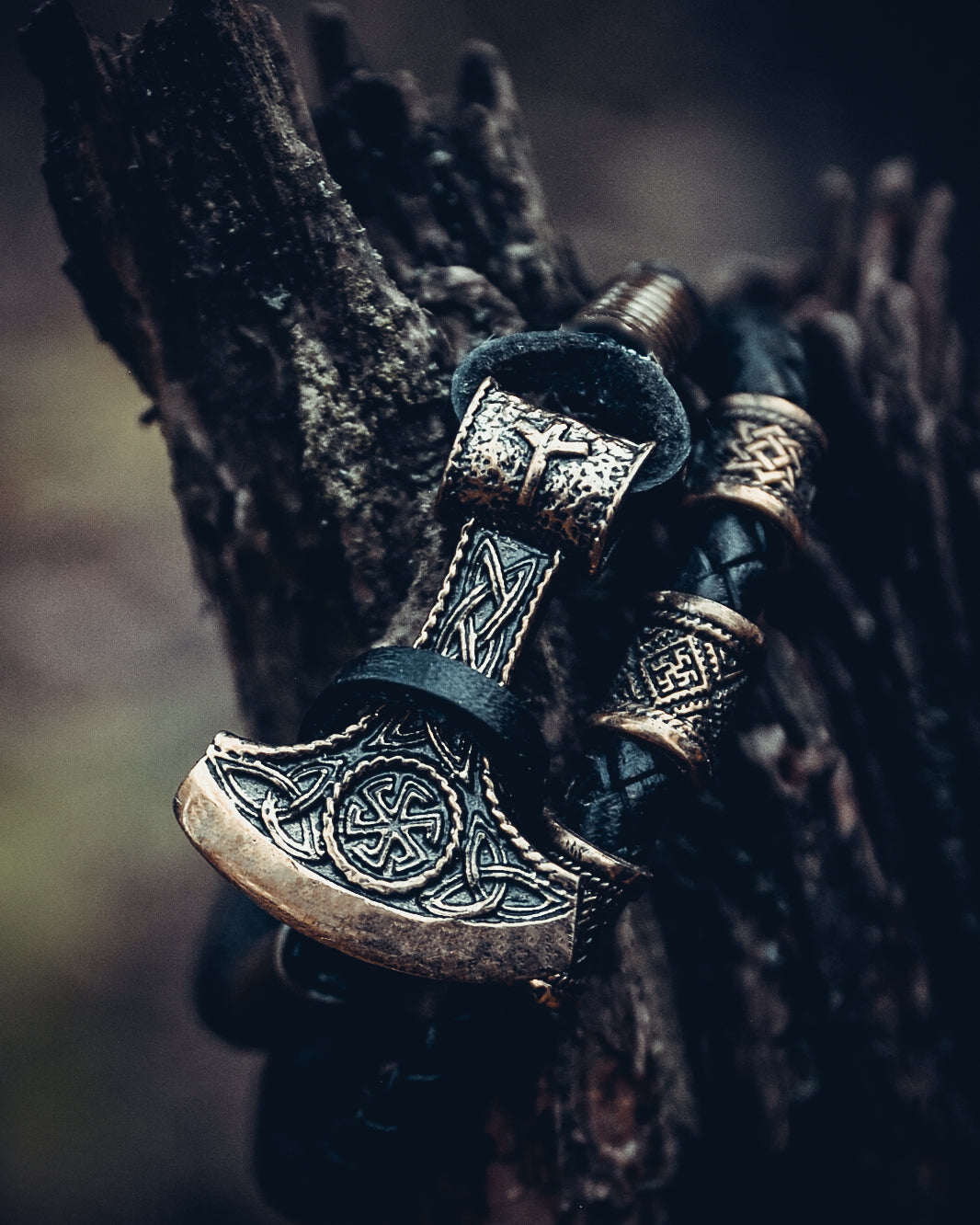 Perun's Axe with Beads Bracelet, Natural Leather and Bronze