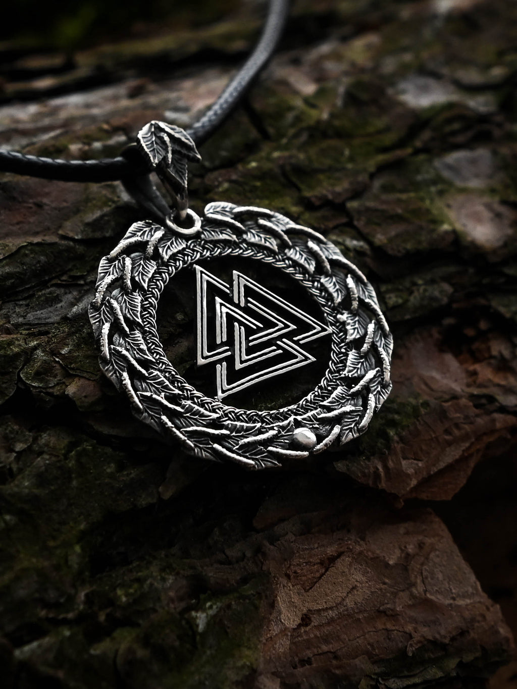 Valknut Amulet in Birch Wreath, Sterling Silver 925 — Viking, Norse & Slavic Symbol Pendant