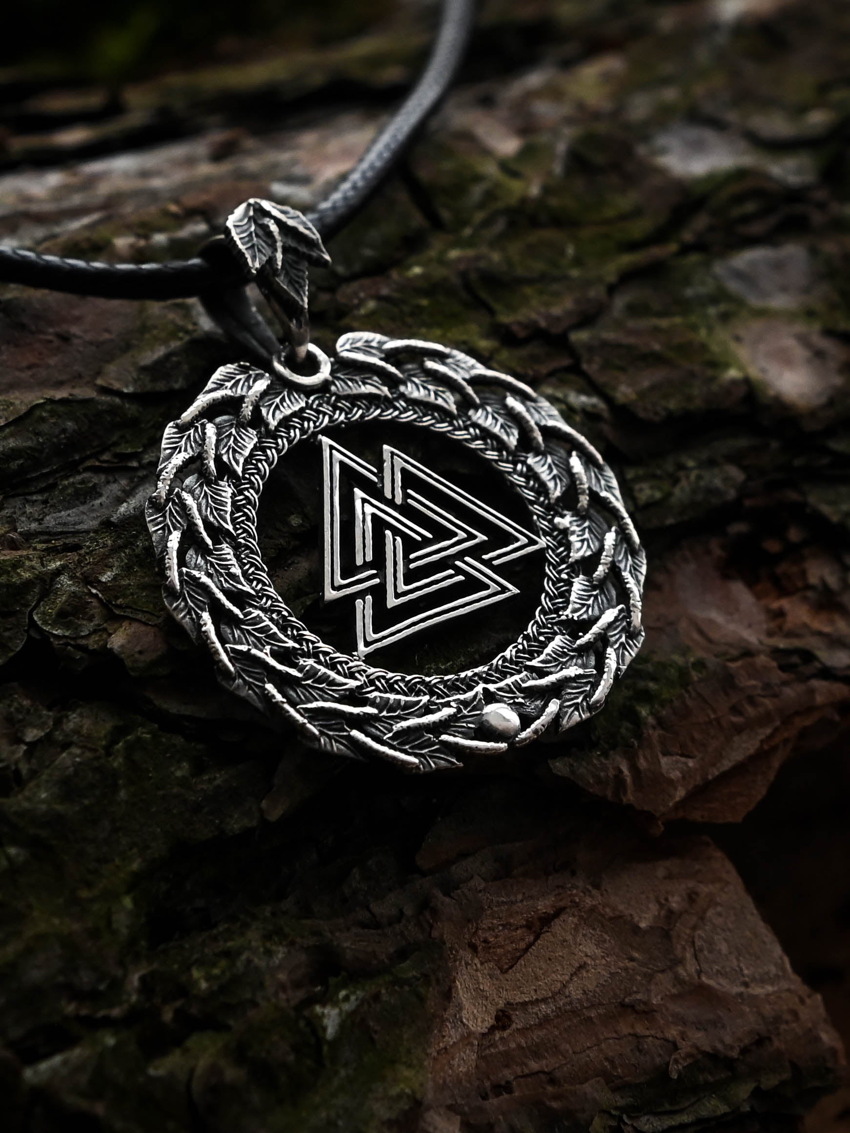 Valknut Amulet in Birch Wreath, Sterling Silver 925 — Viking, Norse & Slavic Symbol Pendant