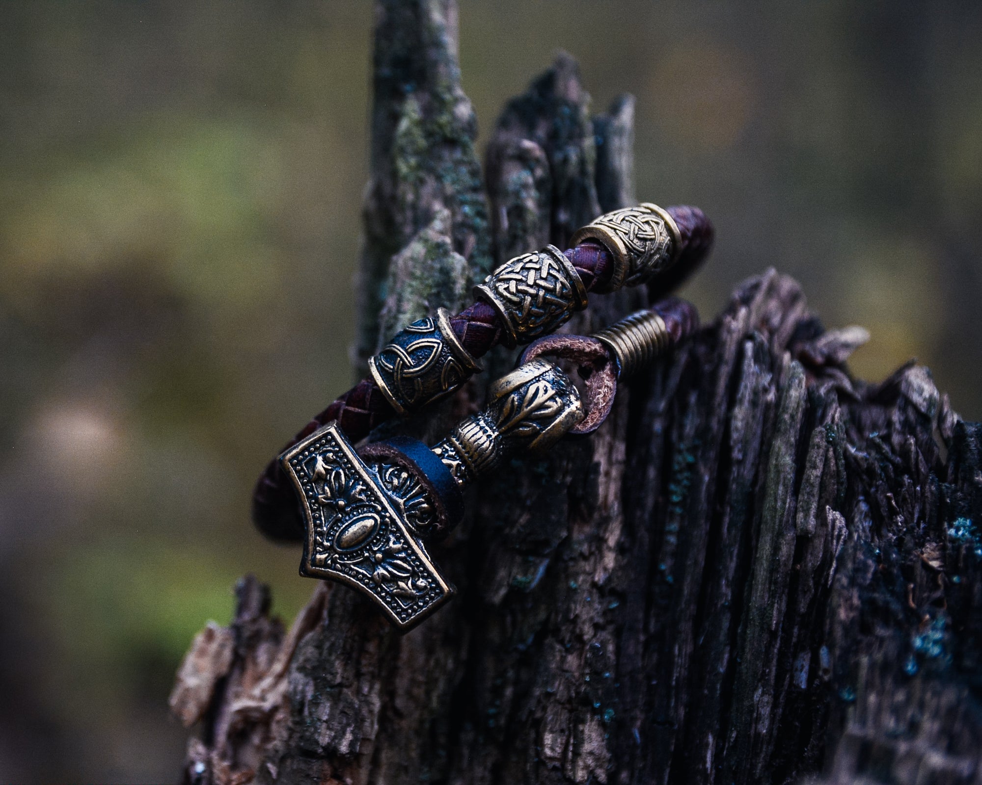 Thor's Hammer with Beads Bracelet, Natural Leather and Bronze