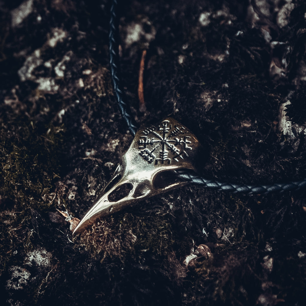Raven Skull with Vegvisir Amulet, Natural Bronze — Viking & Norse Symbol Pendant