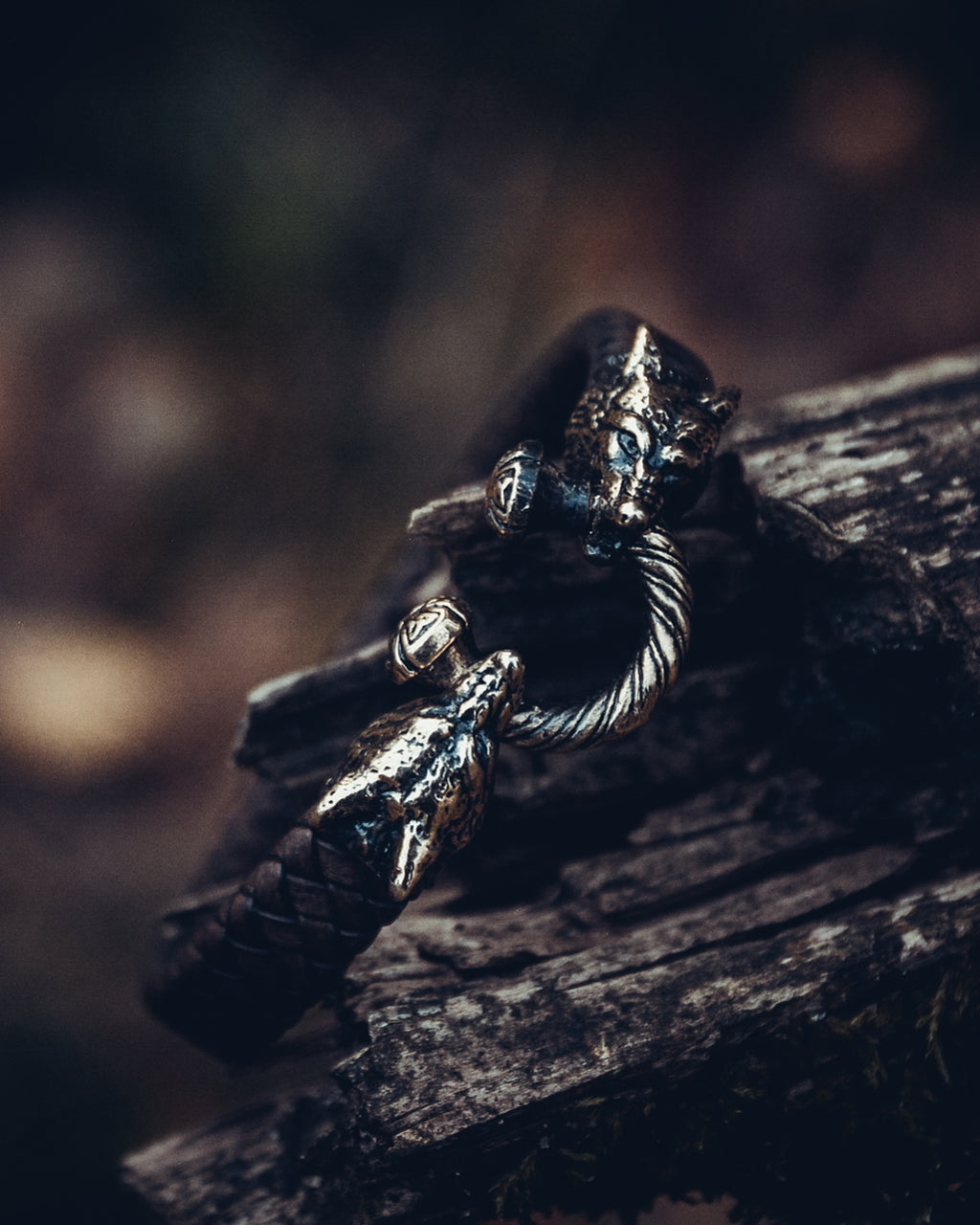 Two Wolves Bracelet, Natural Leather and Bronze