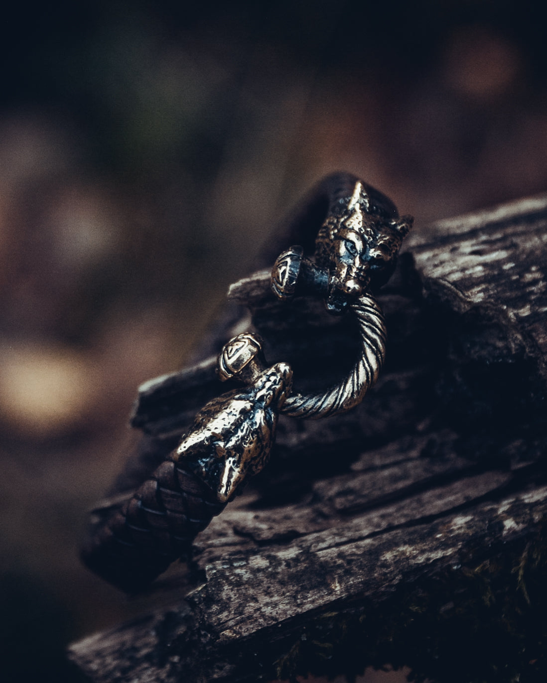Two Wolves Bracelet, Natural Leather and Bronze