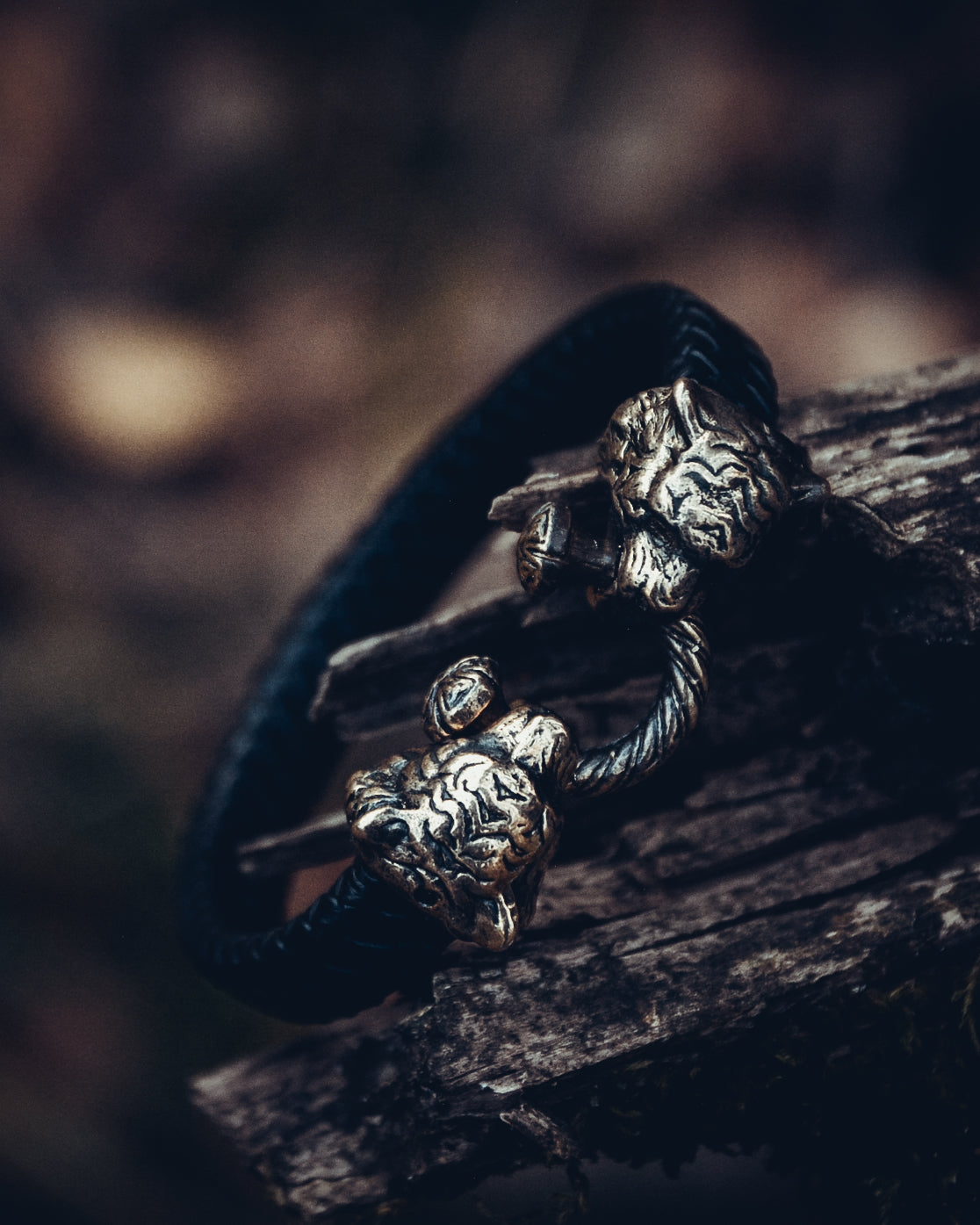 Two Tigers Bracelet, Natural Leather and Bronze