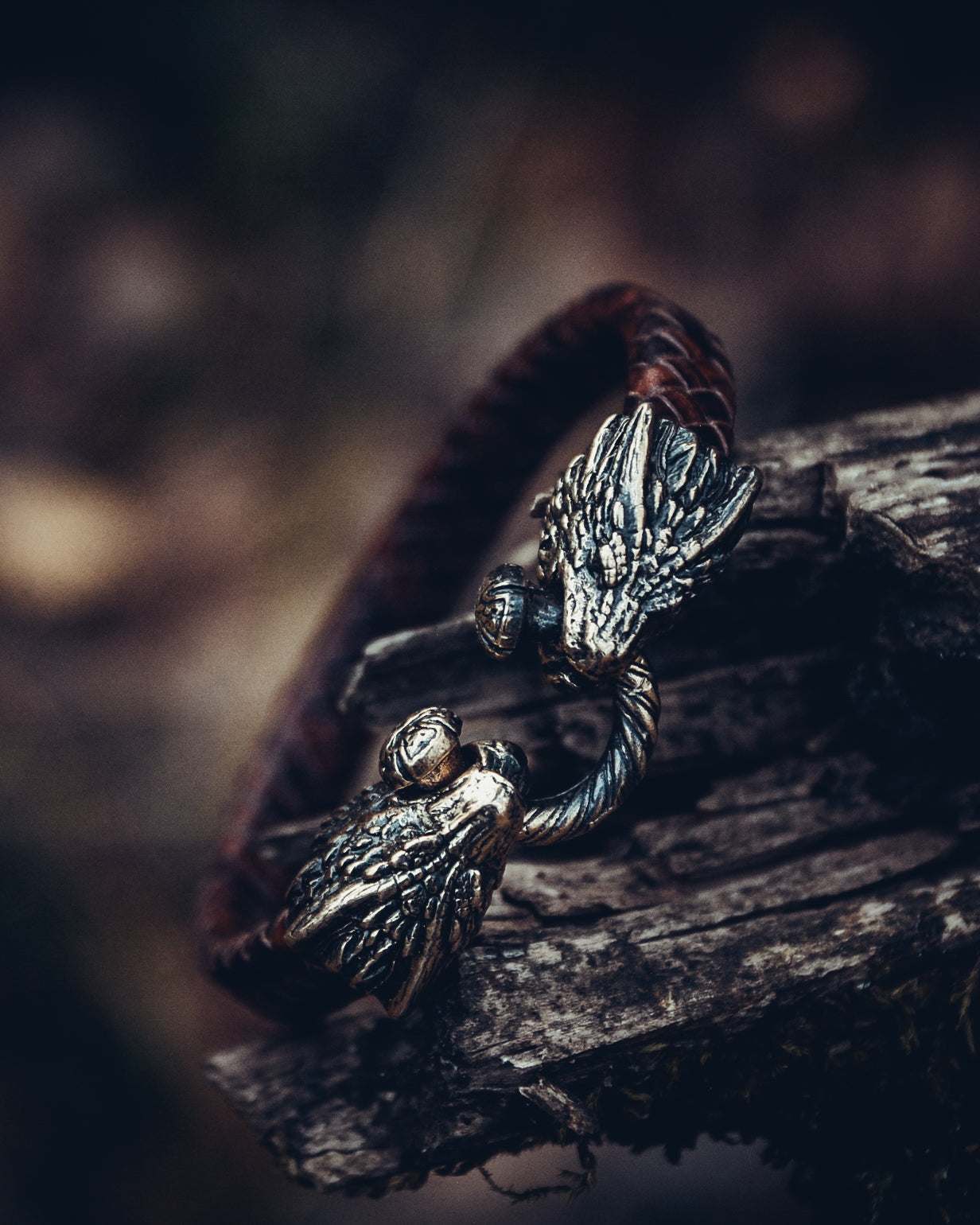 Two Dragons Bracelet, Natural Leather and Bronze