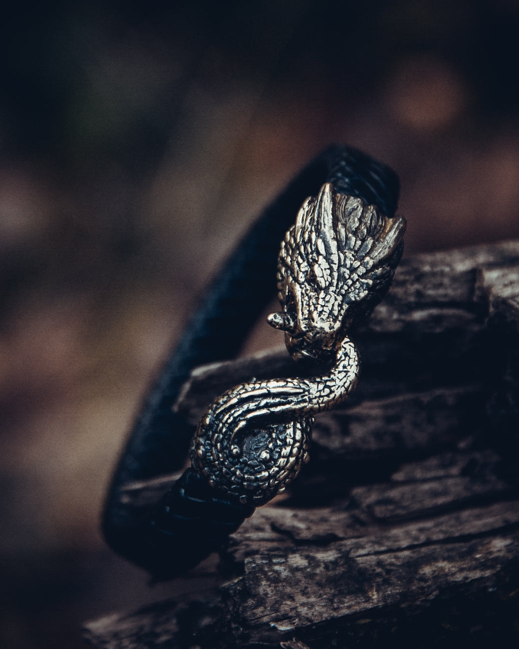 Jormungandr Bracelet, Natural Leather and Bronze