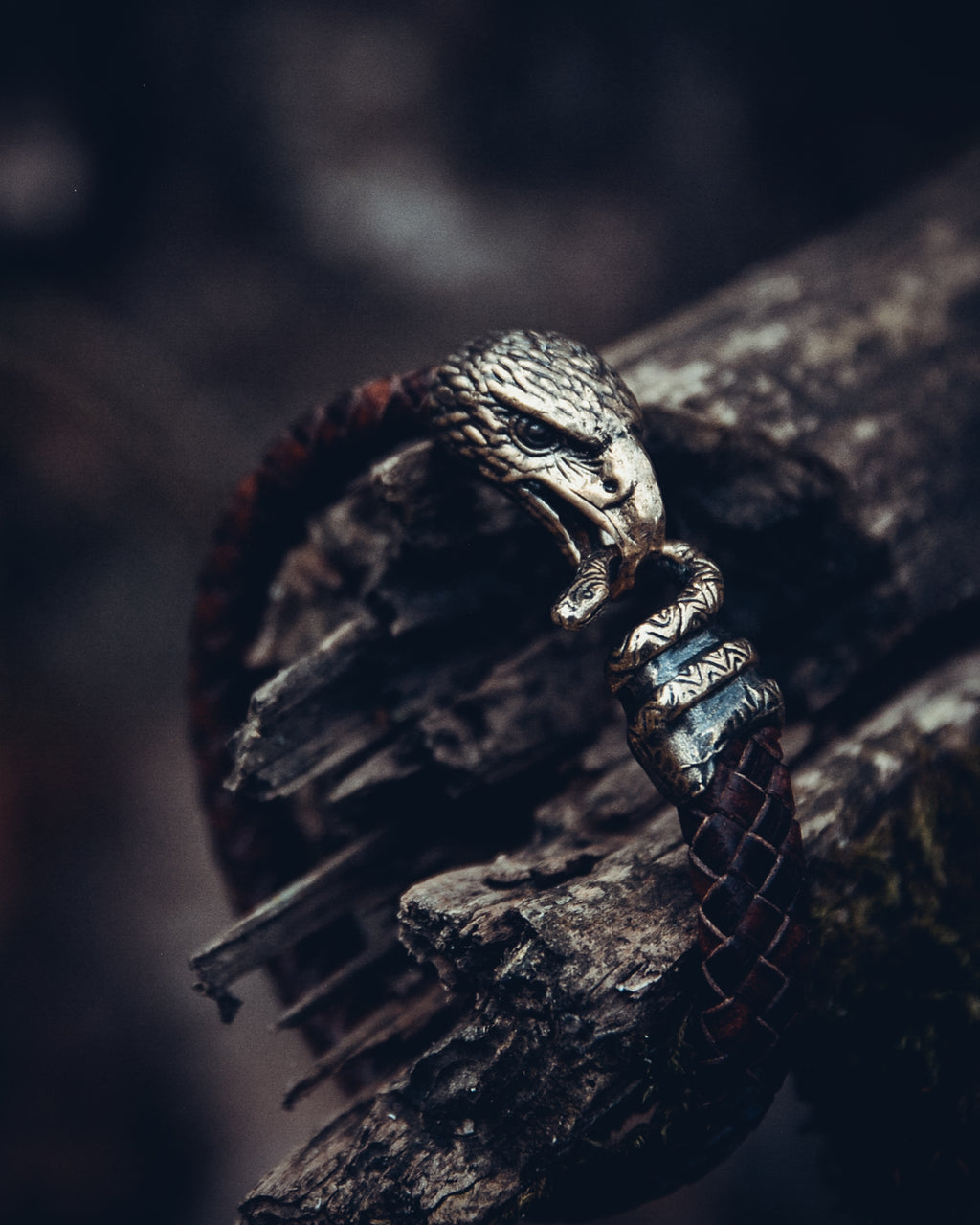 Falcon and Snake Bracelet, Natural Leather and Bronze