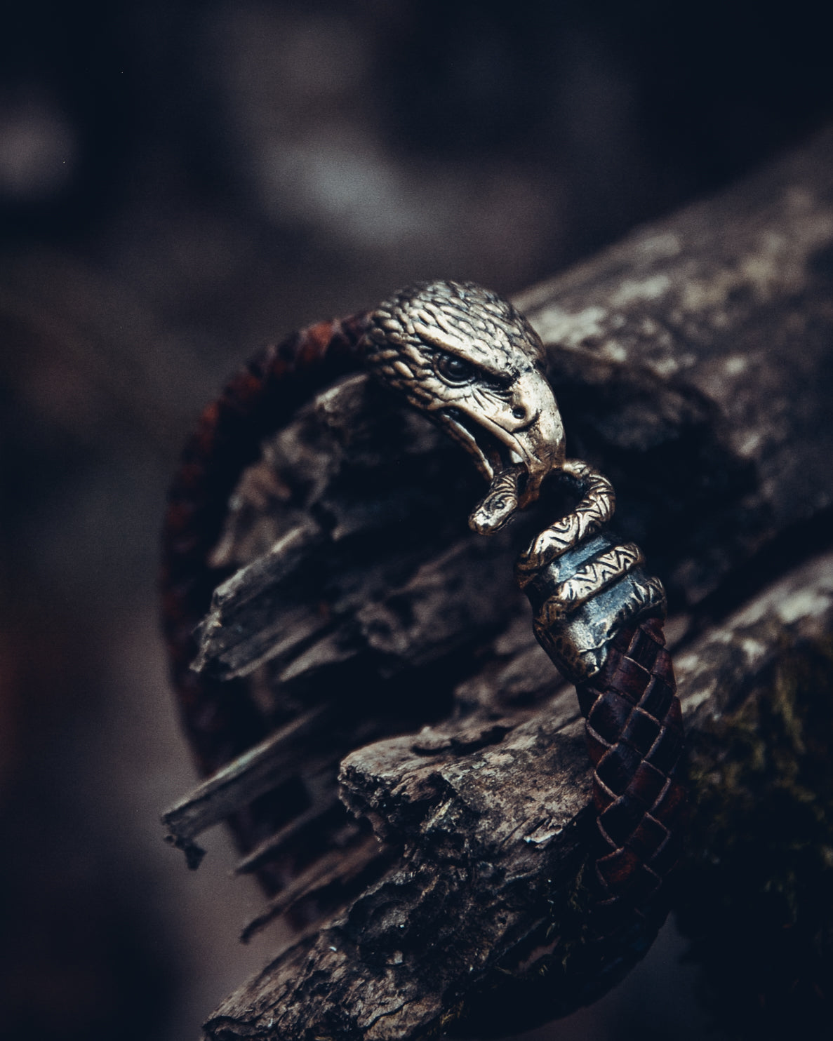 Falcon and Snake Bracelet, Natural Leather and Bronze