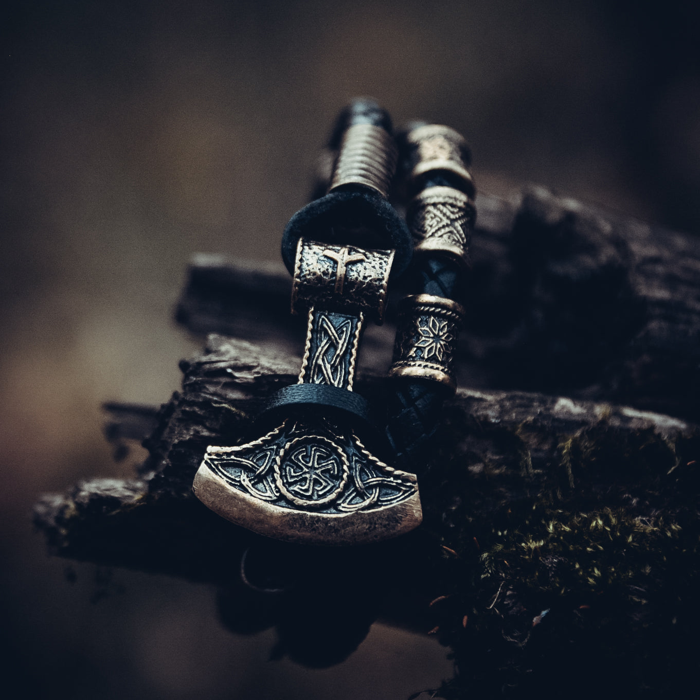 Perun's Axe with Beads Bracelet, Natural Leather and Bronze