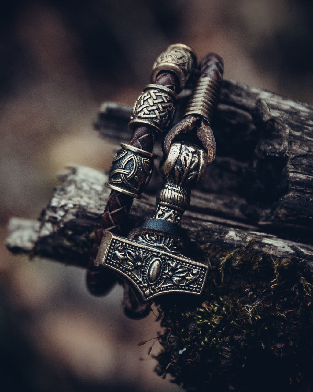 Thor's Hammer with Beads Bracelet, Natural Leather and Bronze