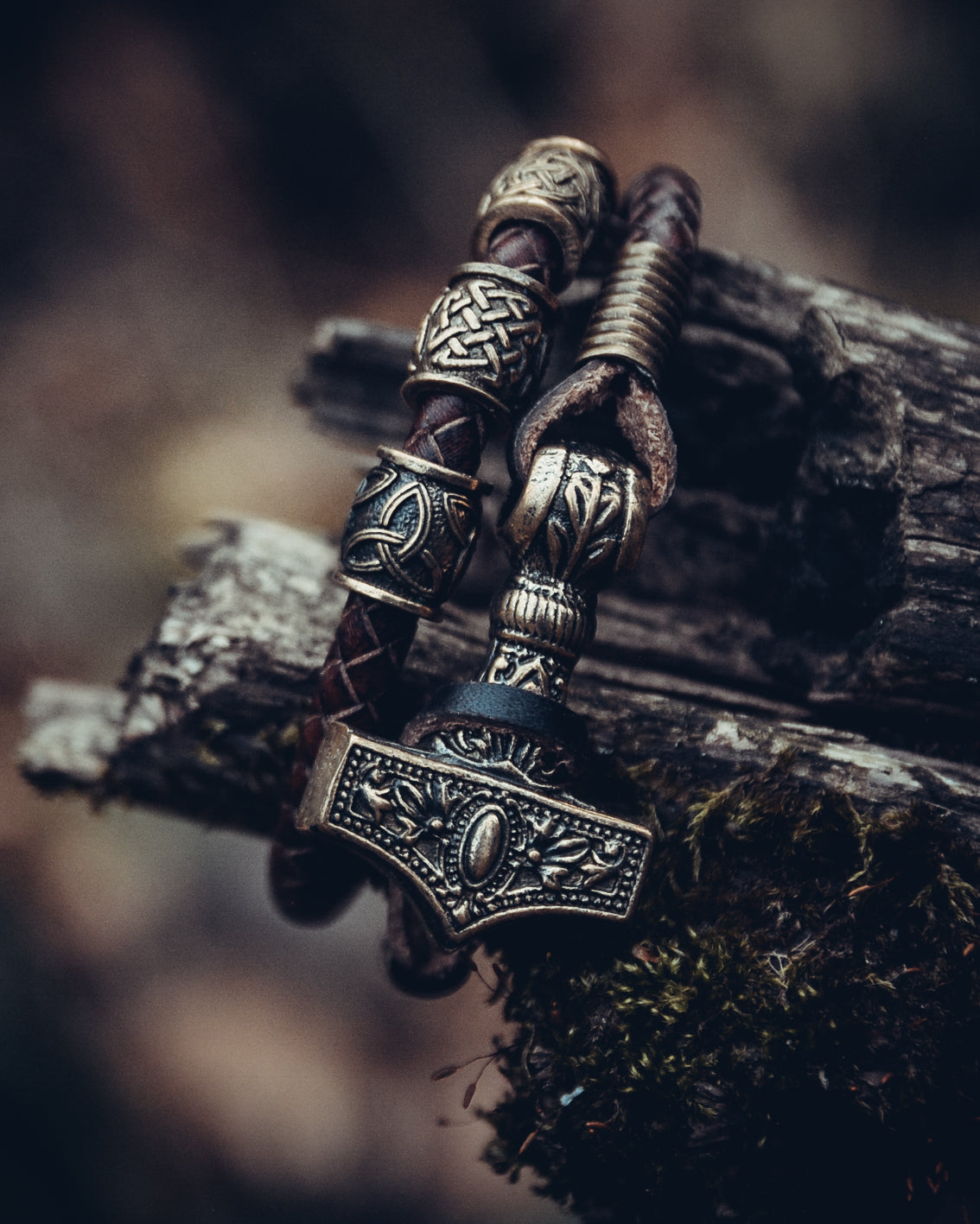 Thor's Hammer with Beads Bracelet, Natural Leather and Bronze