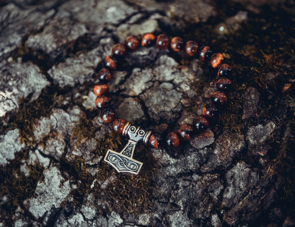 Ox Eye Stone Bracelet with Thor's Hammer Bead