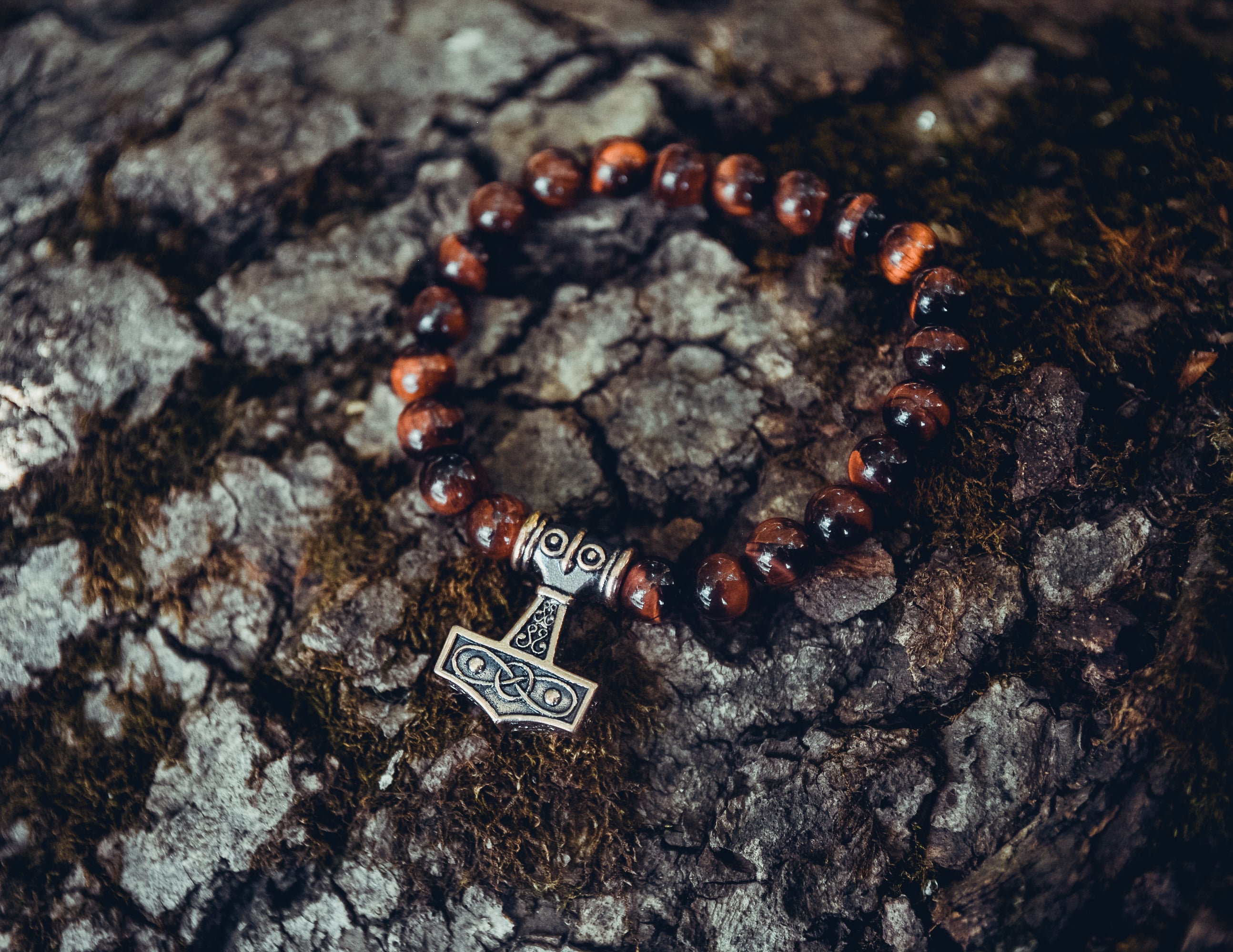 Ox Eye Stone Bracelet with Thor's Hammer Bead