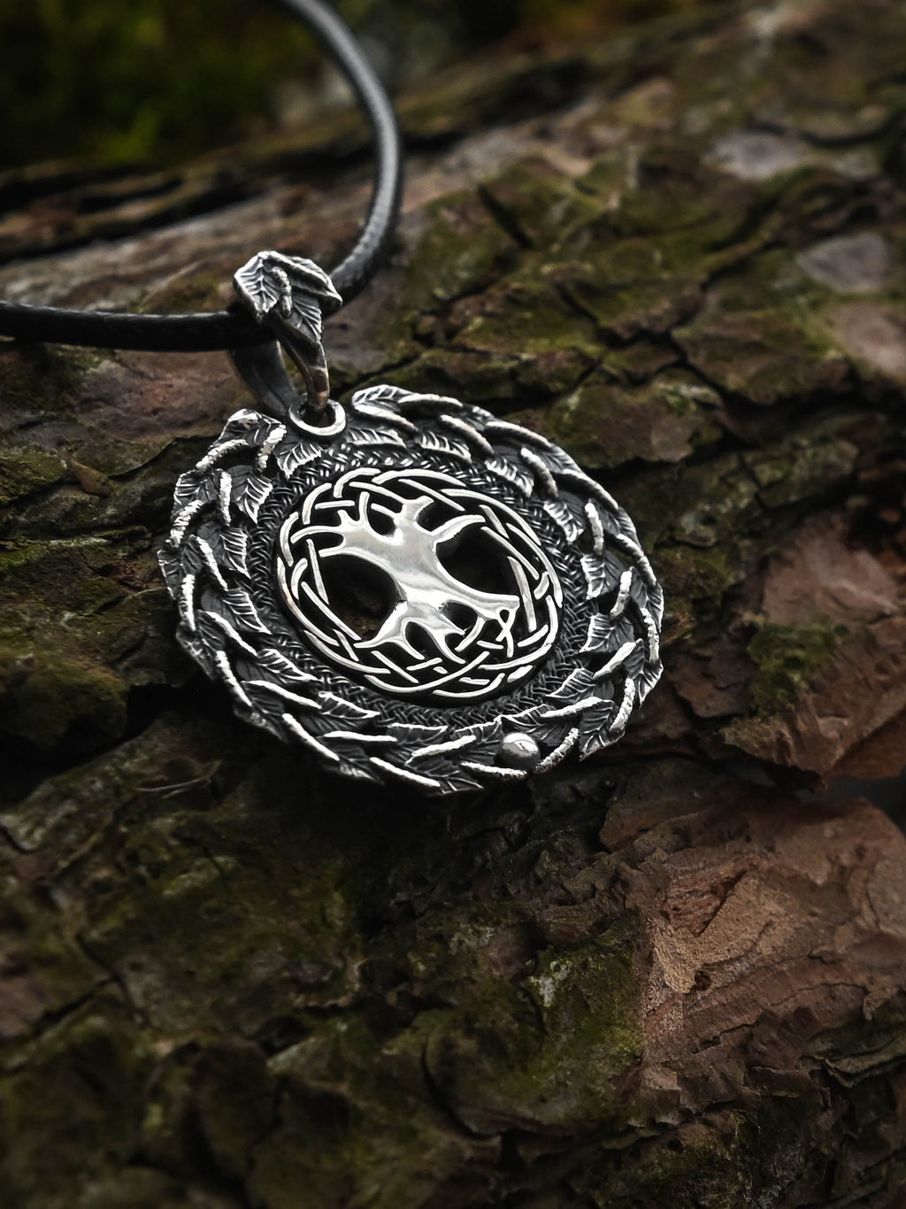 World Tree (Yggdrasil) Amulet in Birch Wreath, Sterling Silver 925 — Norse, Slavic & Viking Symbol Pendant