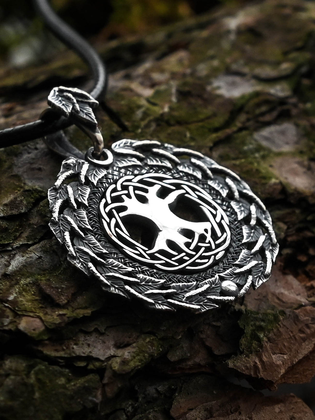 World Tree (Yggdrasil) Amulet in Birch Wreath, Sterling Silver 925 — Norse, Slavic & Viking Symbol Pendant