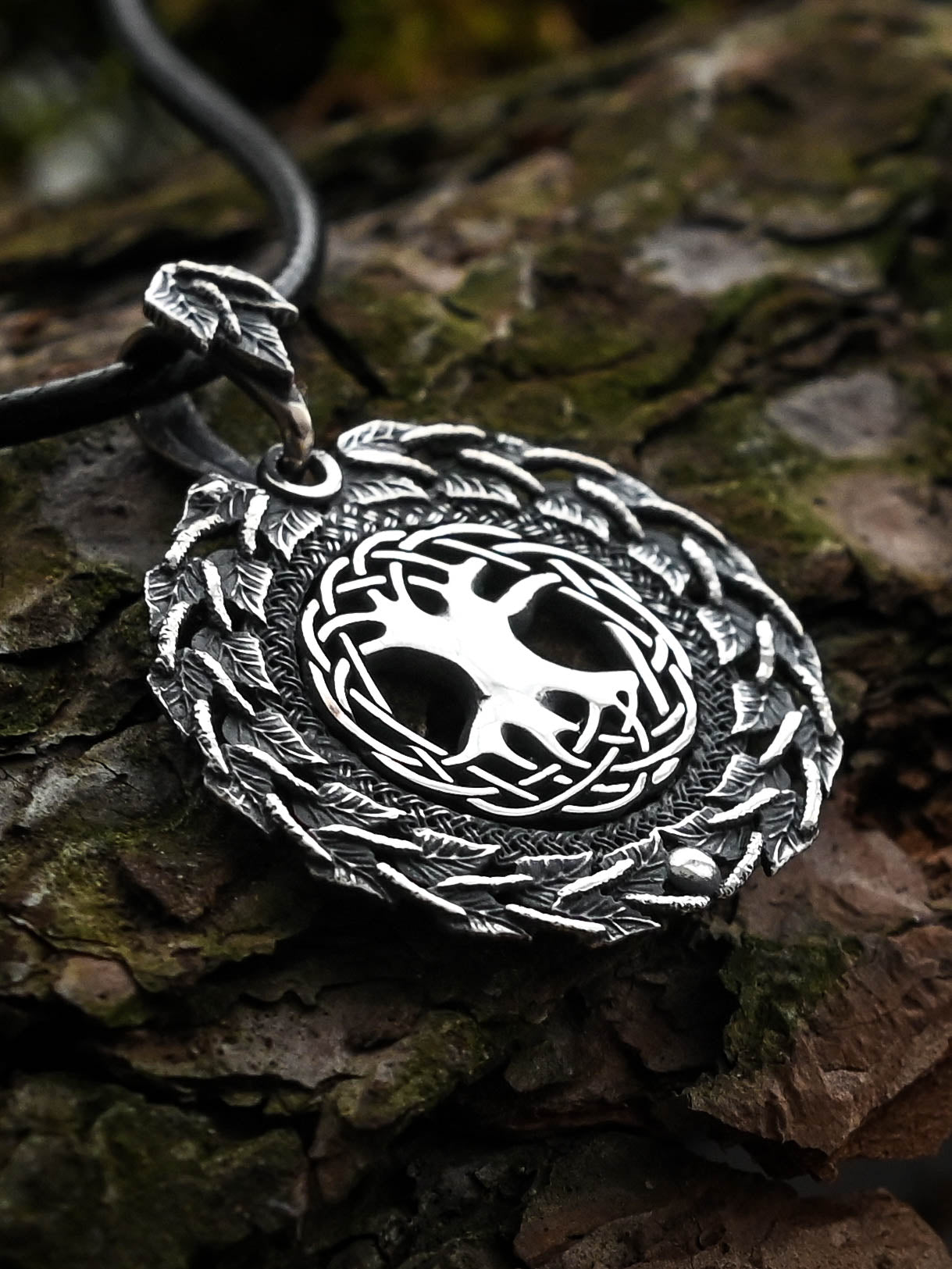 World Tree (Yggdrasil) Amulet in Birch Wreath, Sterling Silver 925 — Norse, Slavic & Viking Symbol Pendant