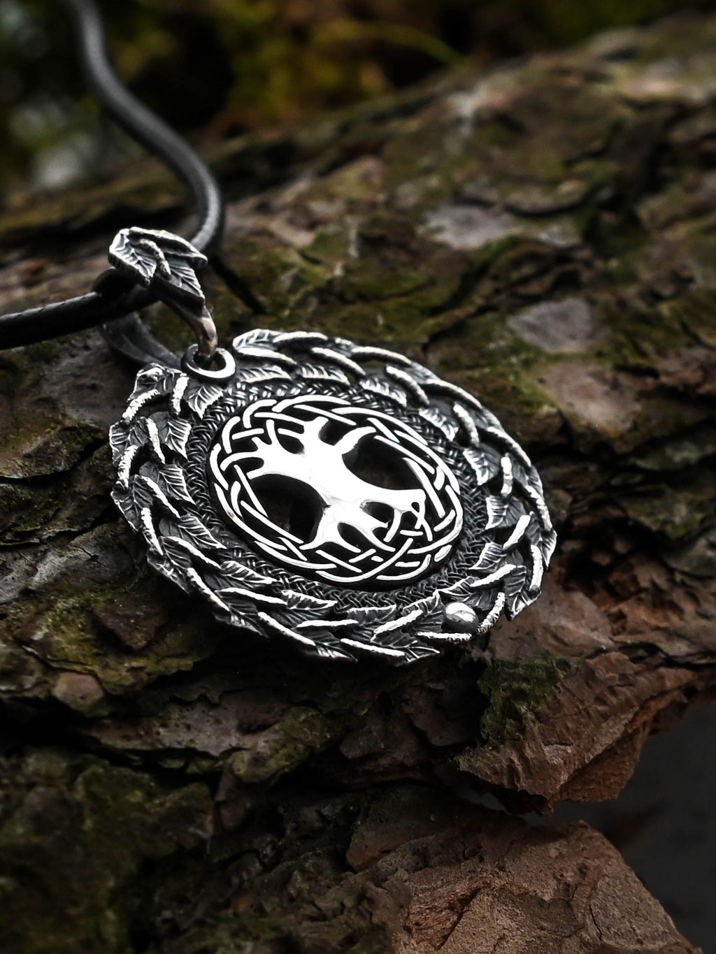 World Tree (Yggdrasil) Amulet in Birch Wreath, Sterling Silver 925 — Norse, Slavic & Viking Symbol Pendant