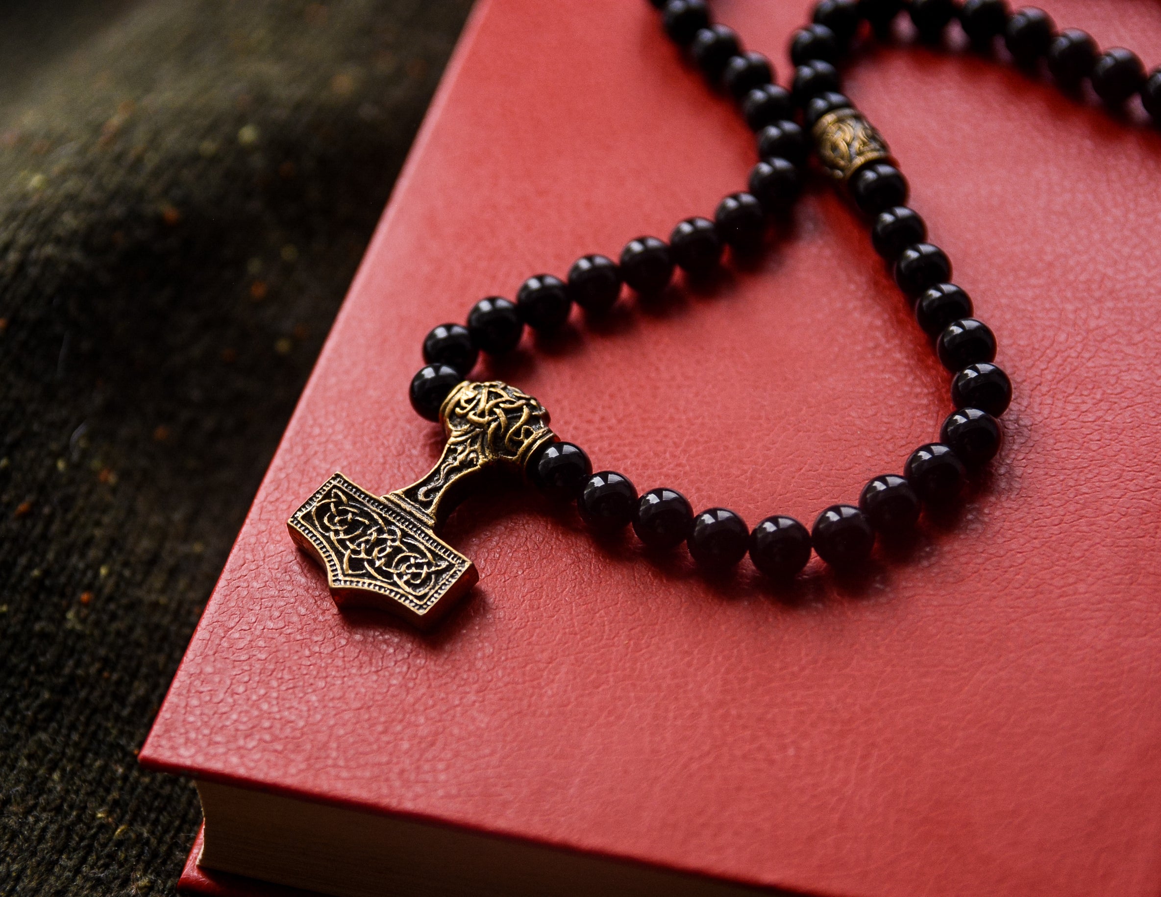 Thor's Hammer with Agate and Scandinavian Beads Pendant, Bronze and Natural Stone — Viking Symbol
