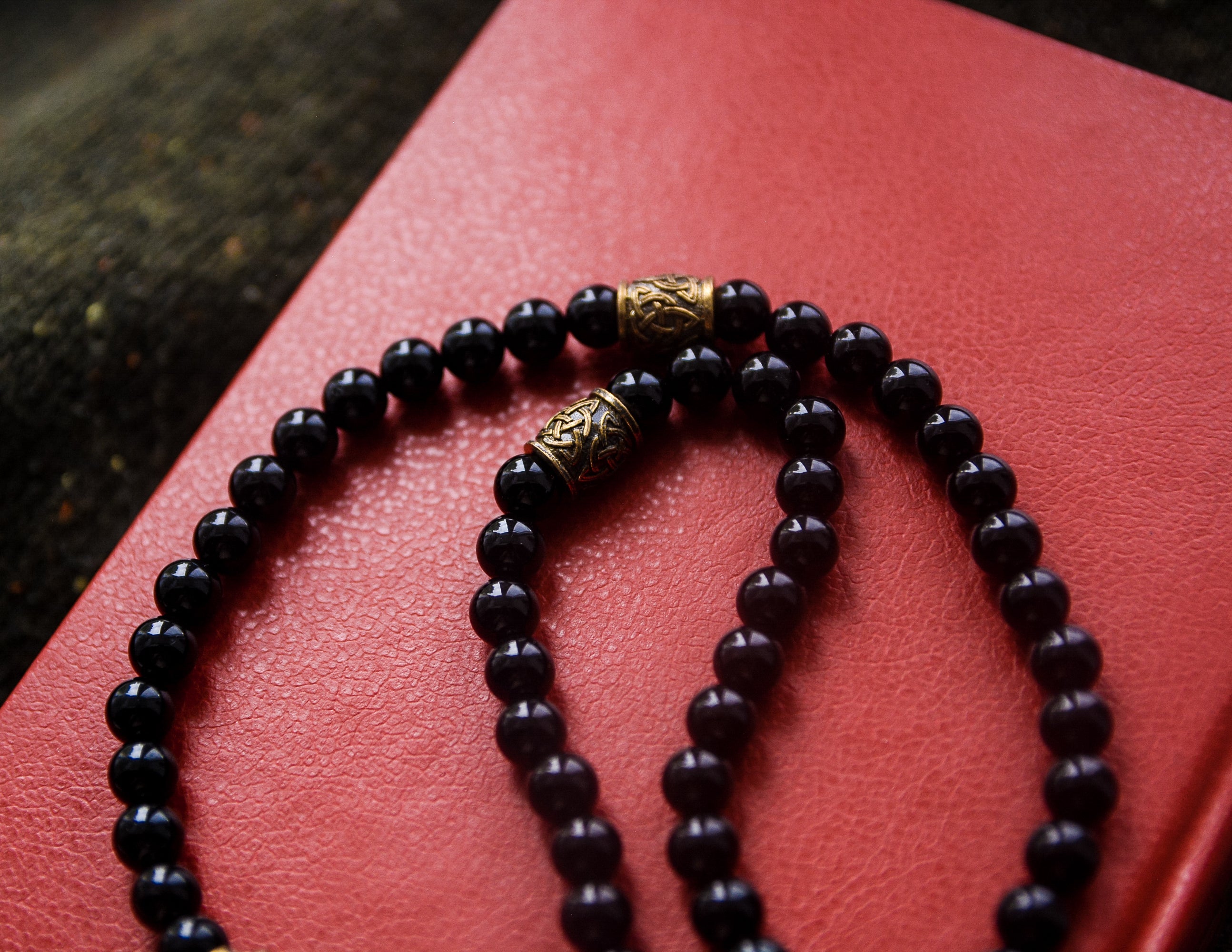 Thor's Hammer with Agate and Scandinavian Beads Pendant, Bronze and Natural Stone — Viking Symbol